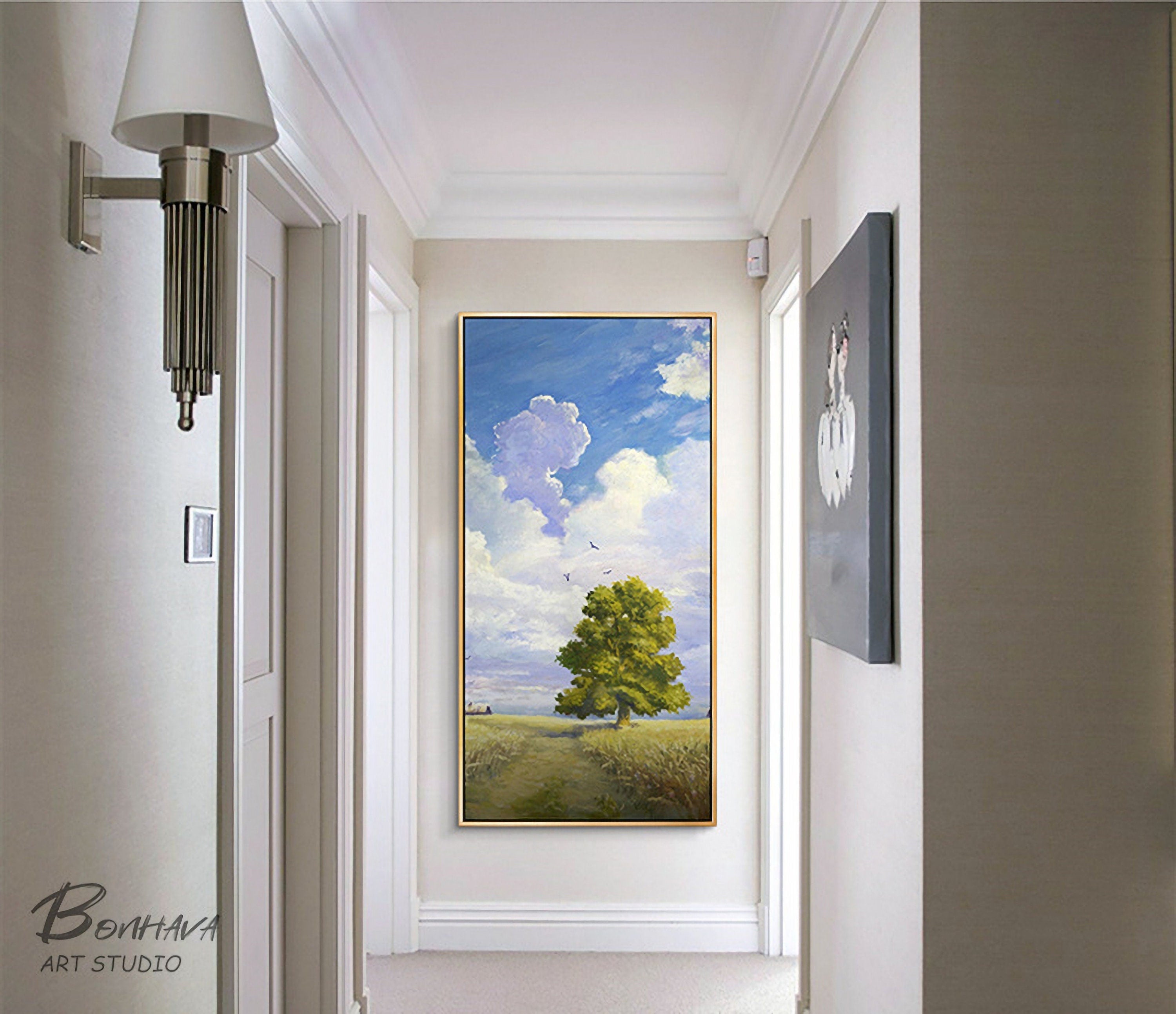 Landscape Oil Painting Original Art Sky and Tree Painting for Living Room Wall Canvas Painting (20''x40'')
