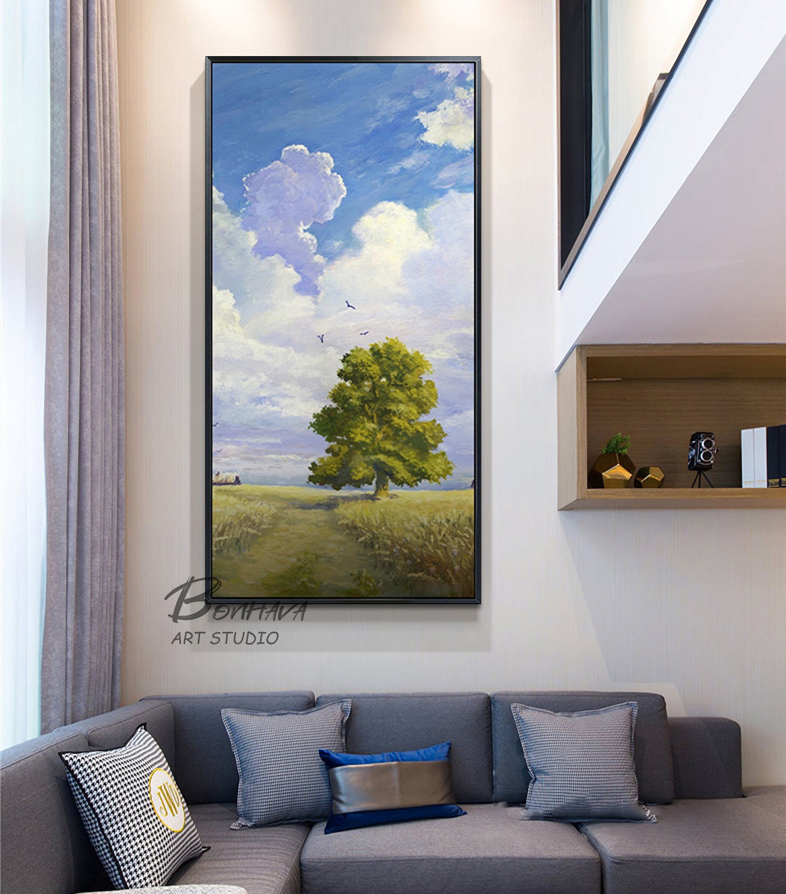 Landscape Oil Painting Original Art Sky and Tree Painting for Living Room Wall Canvas Painting (20''x40'')