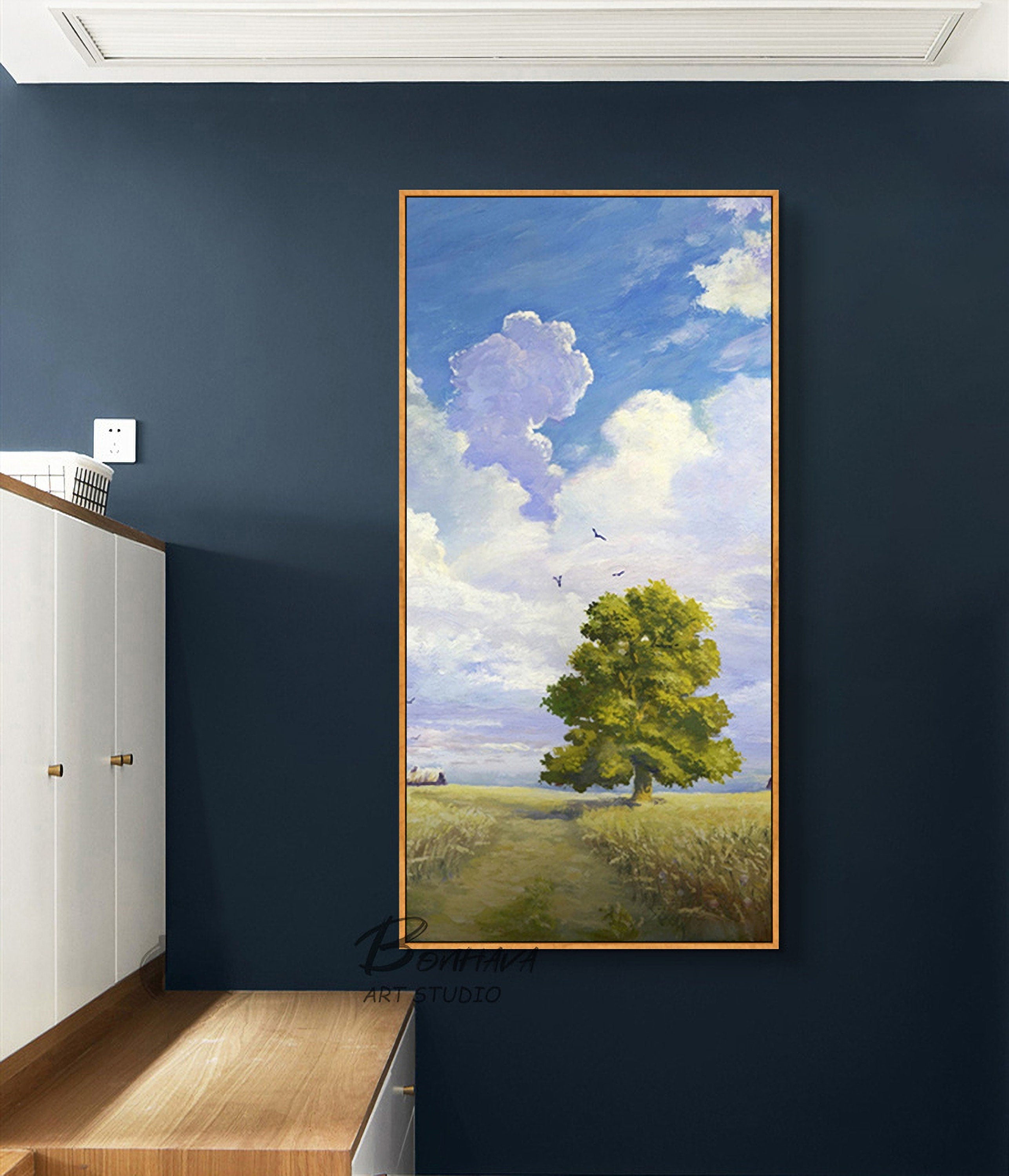 Landscape Oil Painting Original Art Sky and Tree Painting for Living Room Wall Canvas Painting (20''x40'')