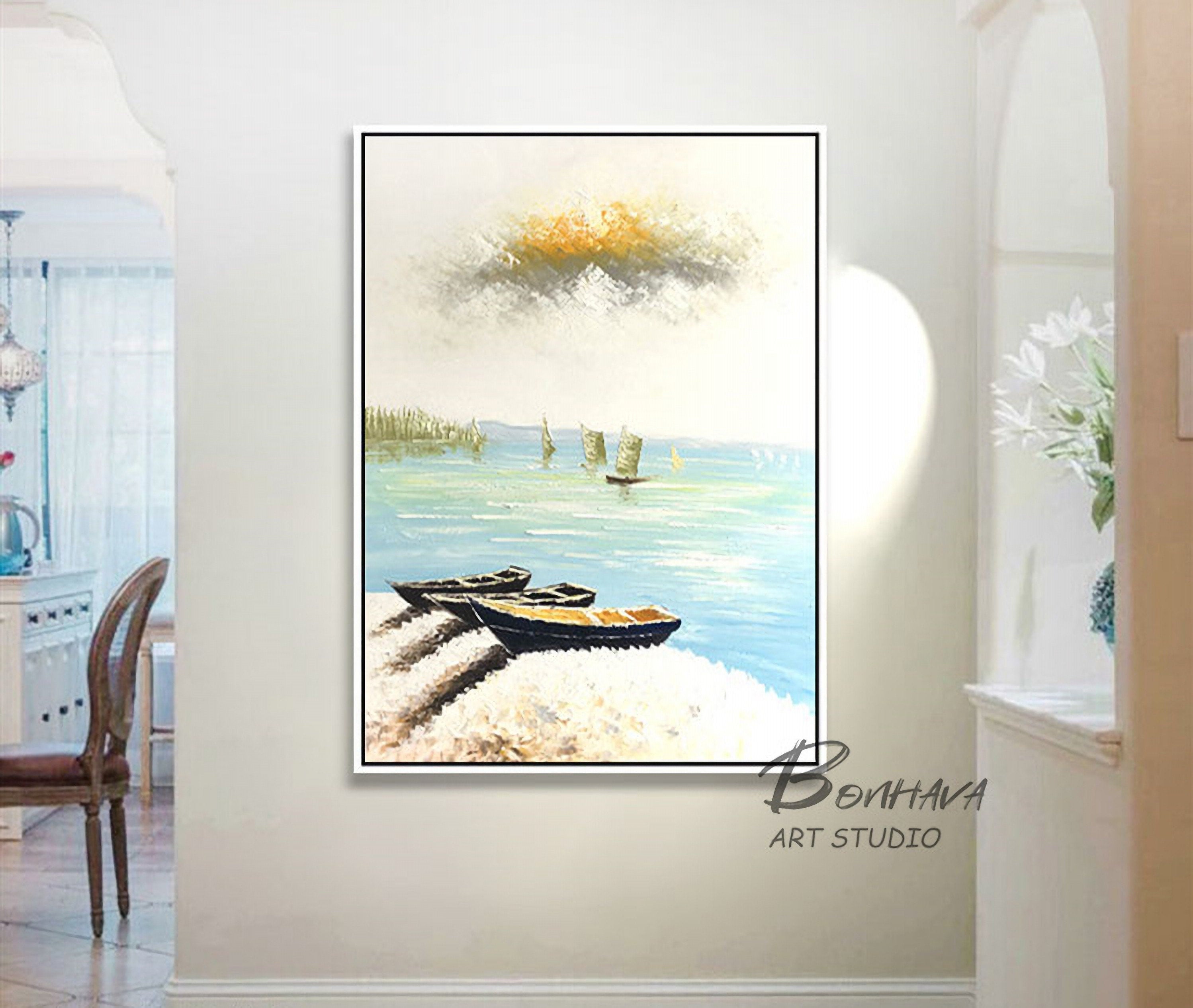 Boat Paintings Canvas Wall Art Landscape Resting Fishing Boats Wall Decor for Living Room Bedroom 20x28 Inch