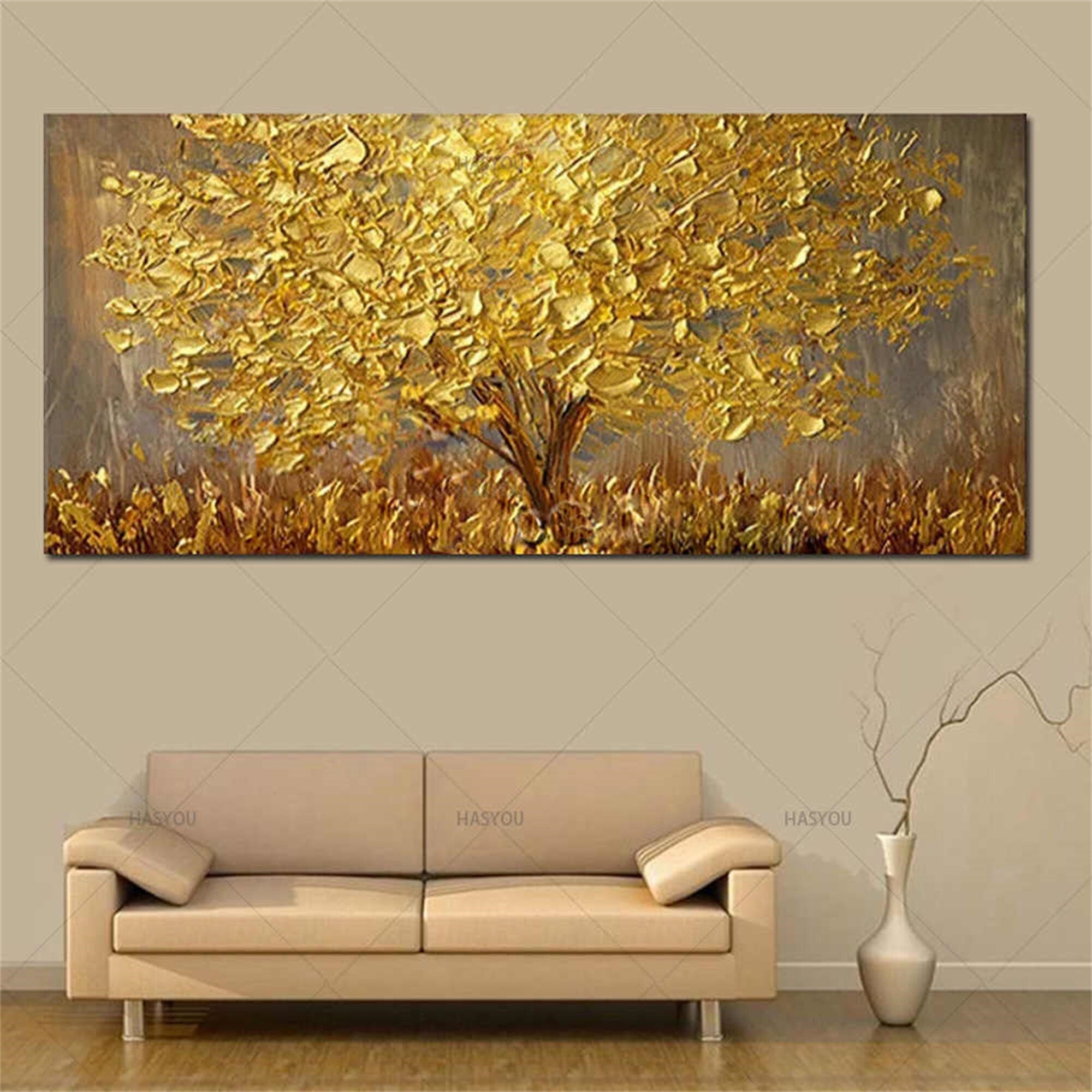 Hand painted knives Gold tree Oil paintings on canvas Large palette 3D paintings For living room Modern Abstract wall art…