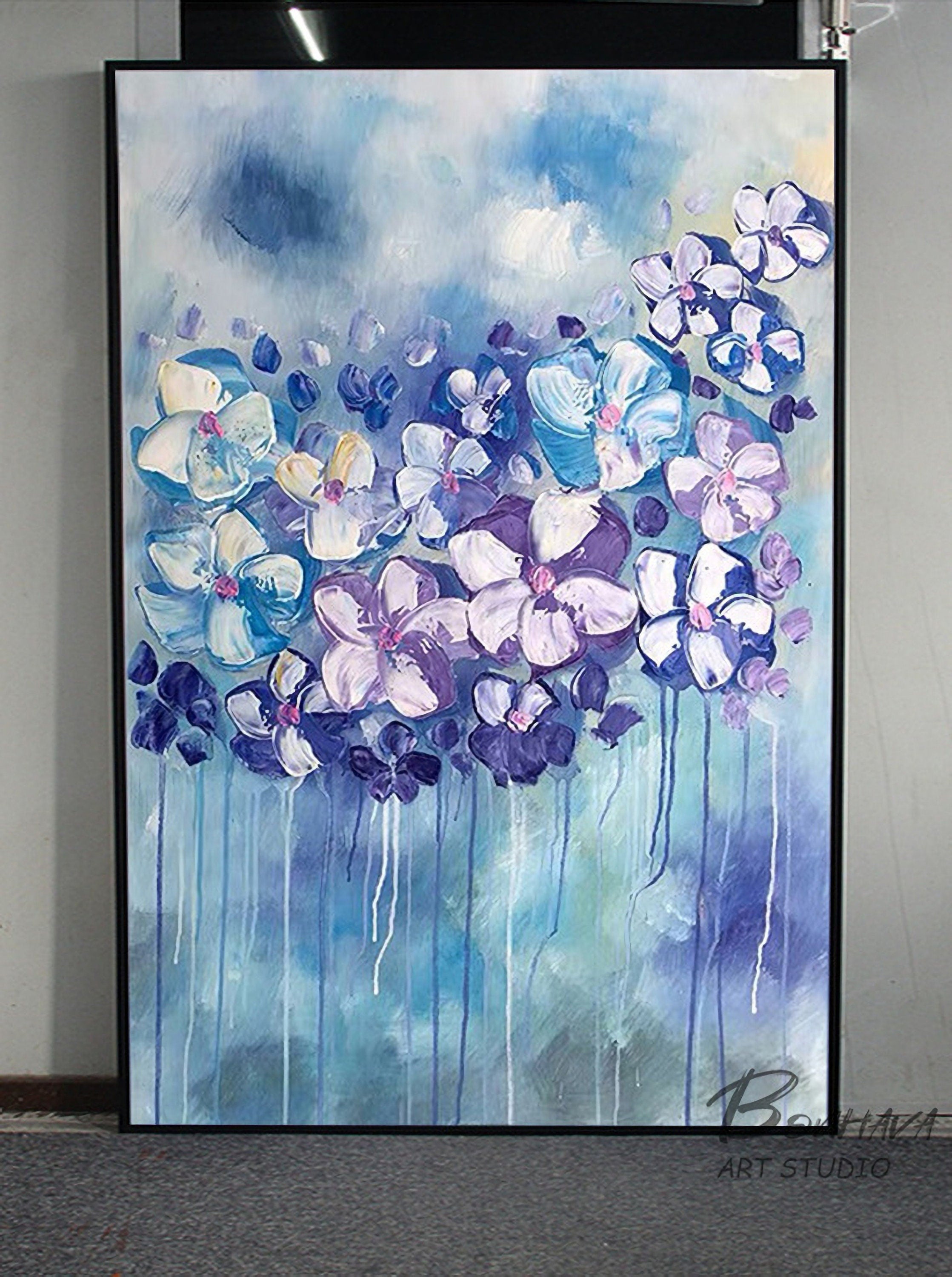 Canvas Wall Art Full Bloosm Flowers Painting Blue Florals Painting, 20"x28" Botanical for Bedroom Living Room