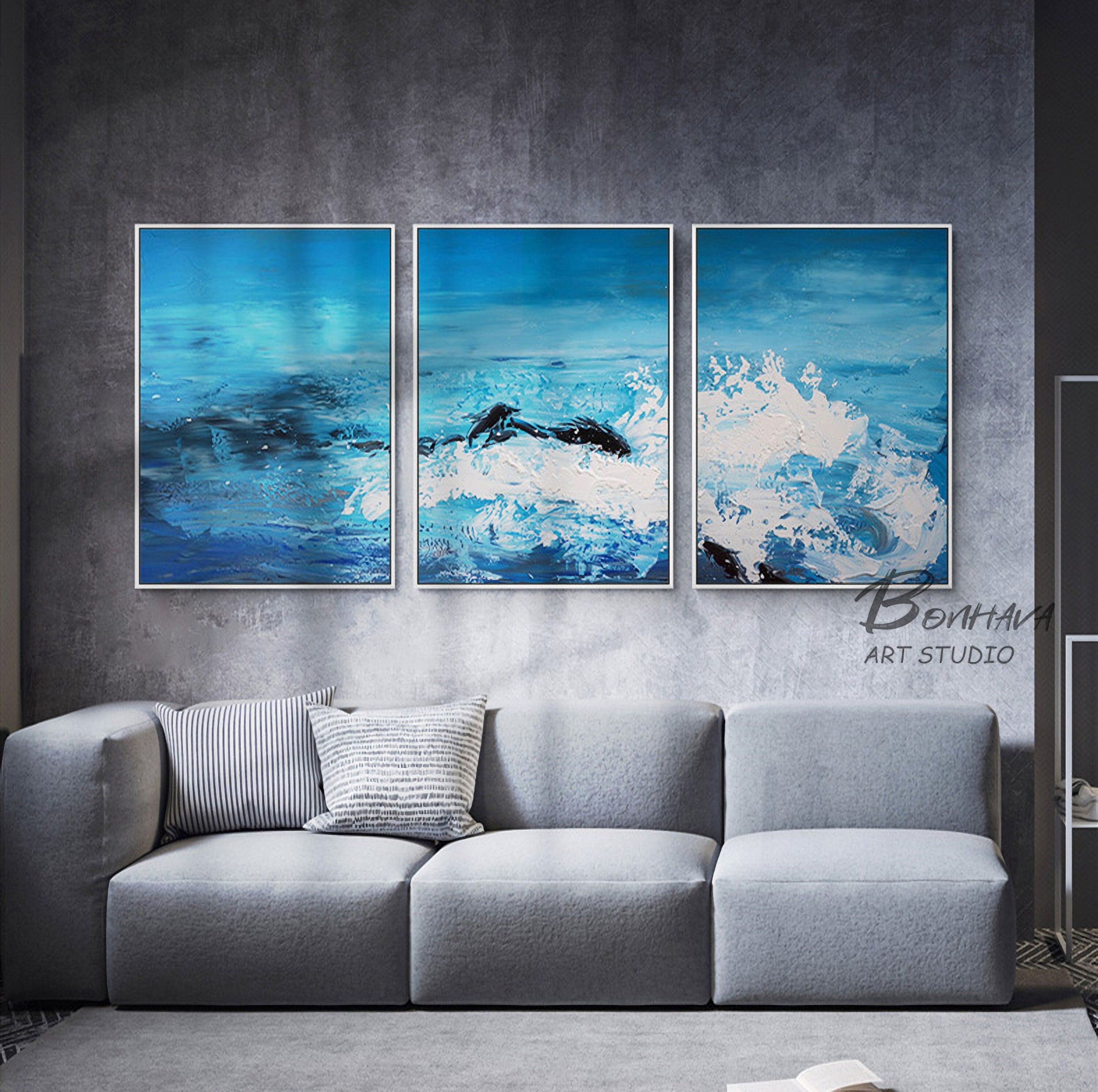 Blue Wave Seascape Wall Art Decor Abstract Canvas Painting Hand-Painted Oil Painting for Home Living Dining Room…
