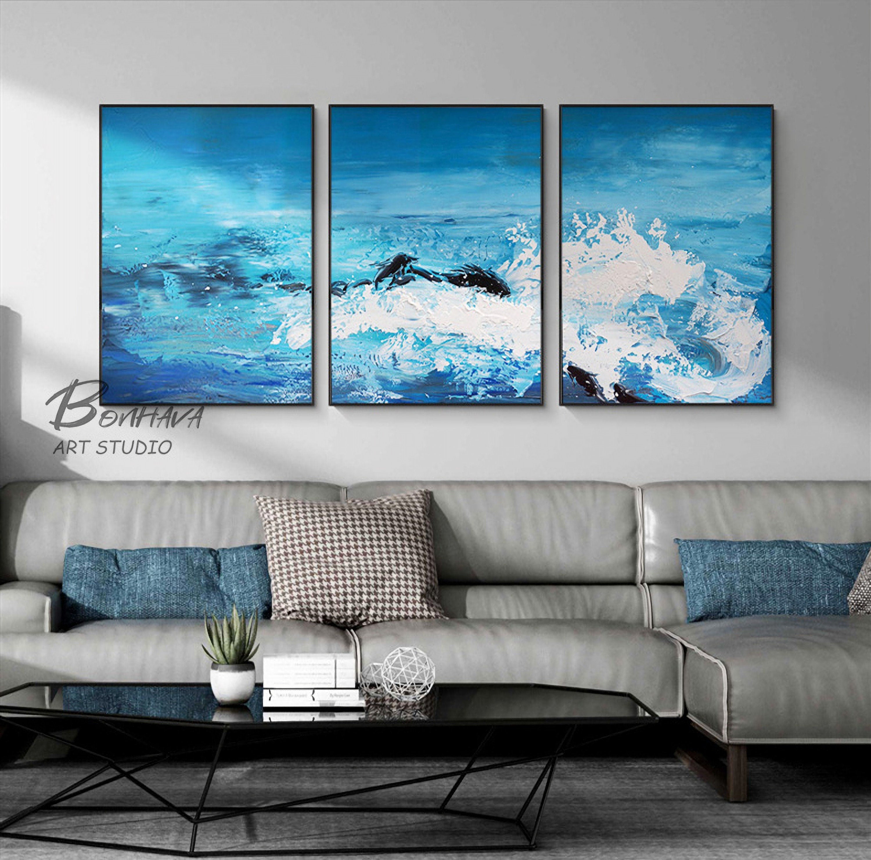 Blue Wave Seascape Wall Art Decor Abstract Canvas Painting Hand-Painted Oil Painting for Home Living Dining Room…