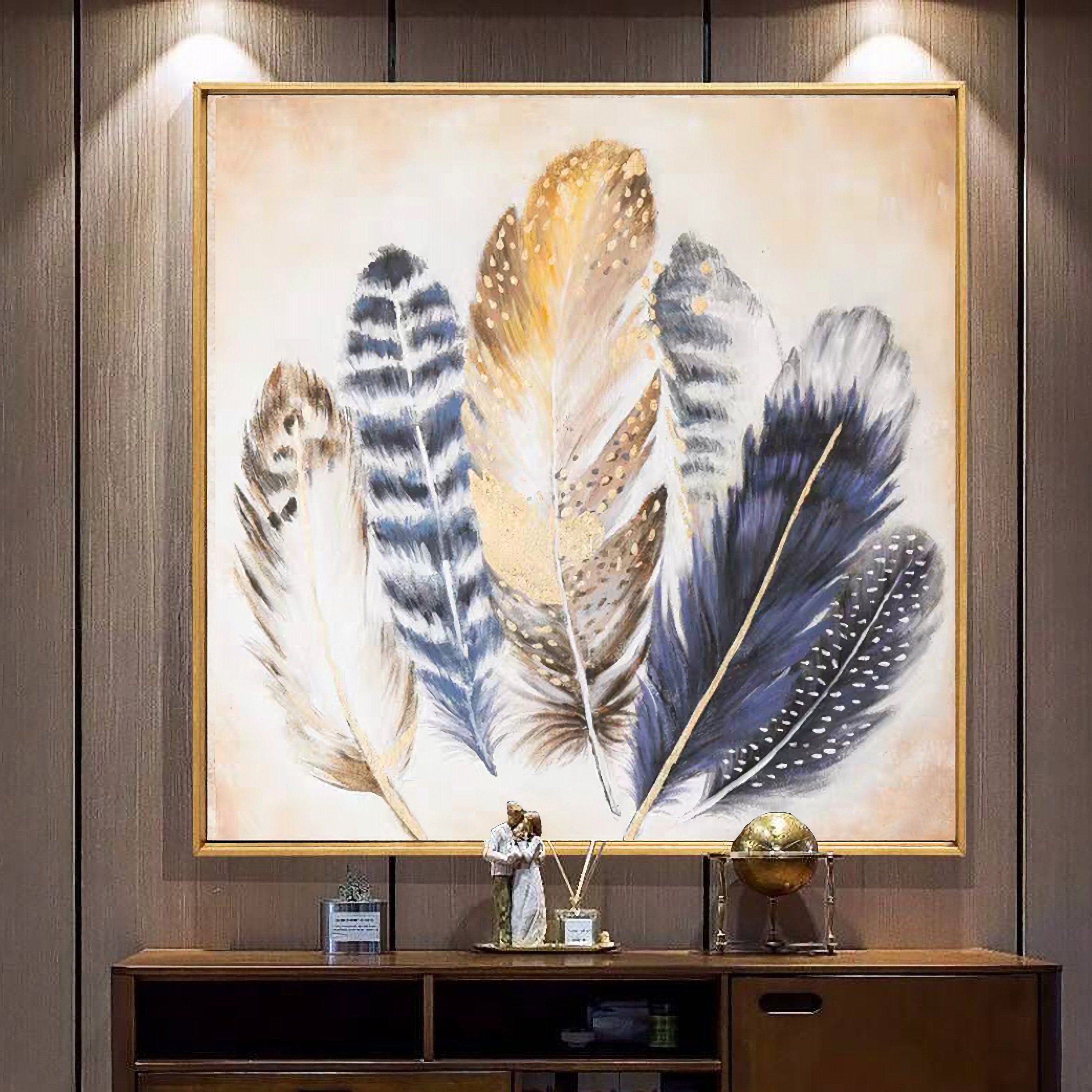 Feather Canvas Wall Art for Living Room Bedroom Modern Artwork Blue Animal Feather Painting Wall Decor for Home Office…