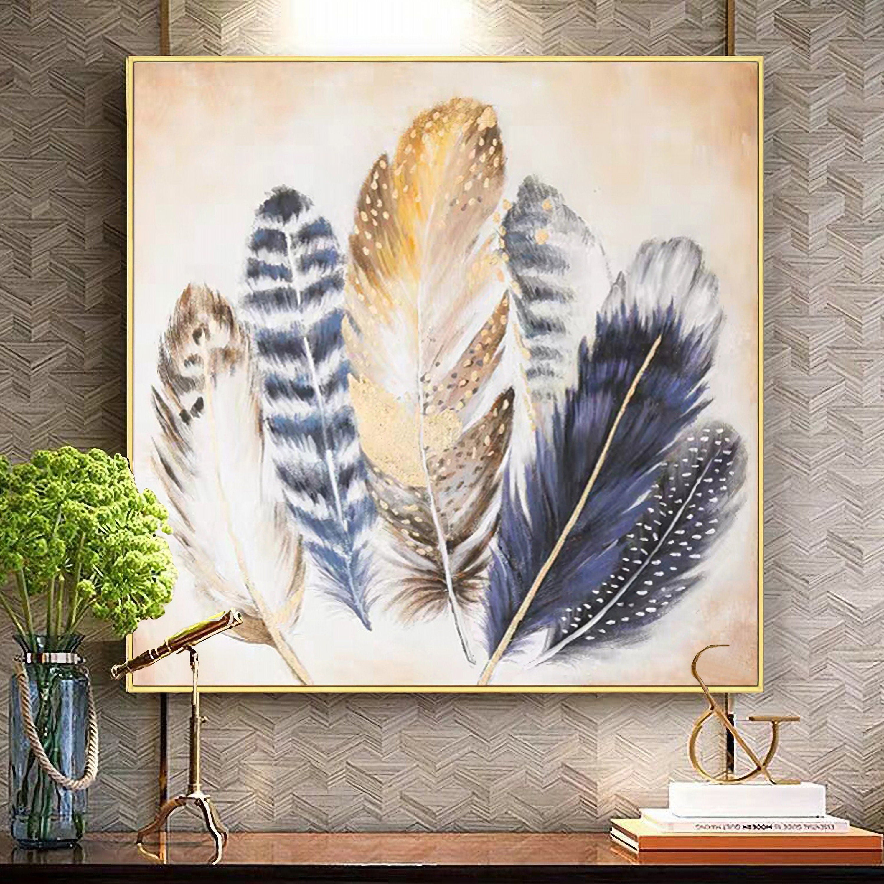 Feather Canvas Wall Art for Living Room Bedroom Modern Artwork Blue Animal Feather Painting Wall Decor for Home Office…