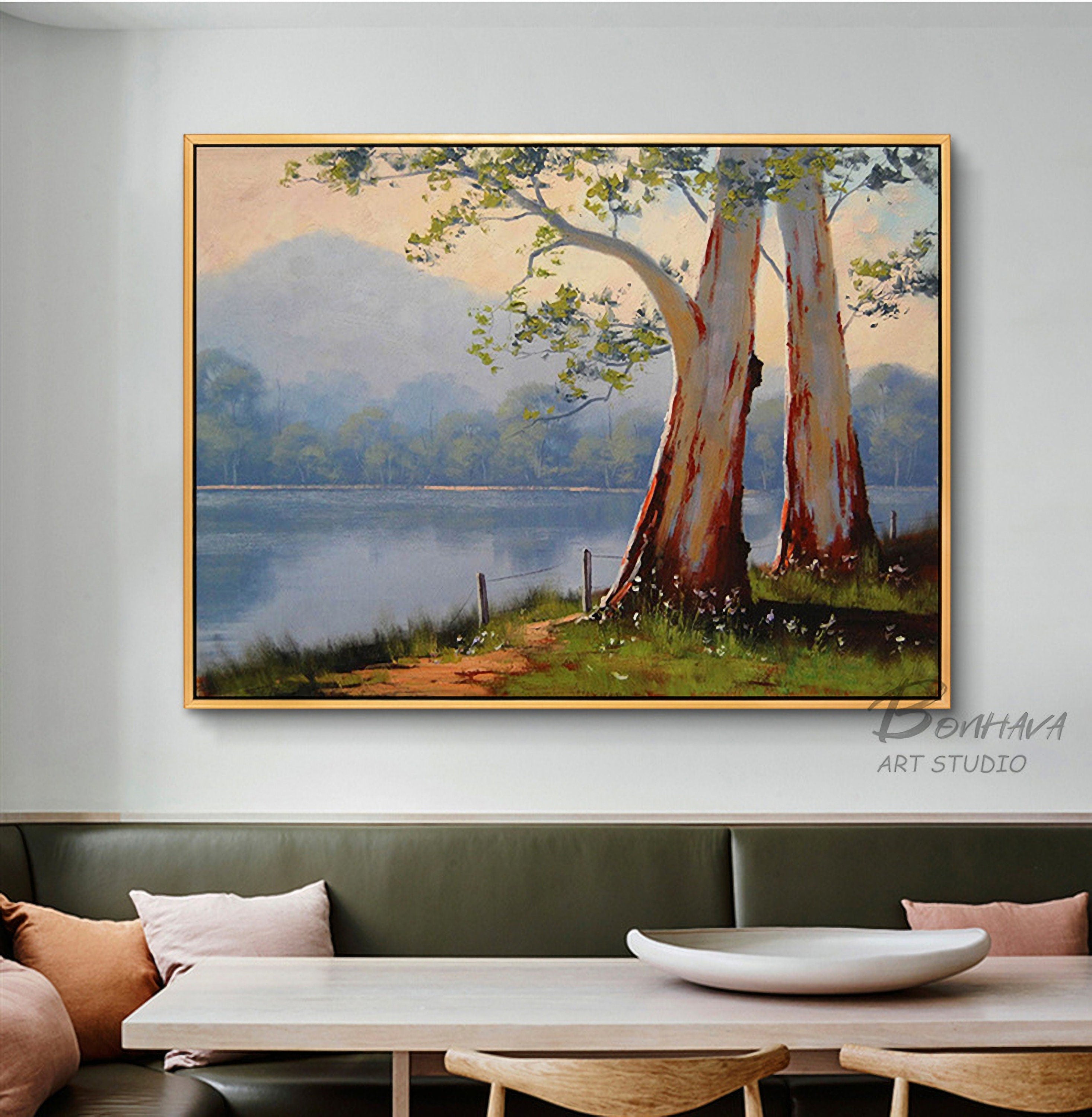 Tree Lake Wall Art Decor Landscape Leaves Forest Canvas Painting Kitchen Pictures for Home Living Dining Room