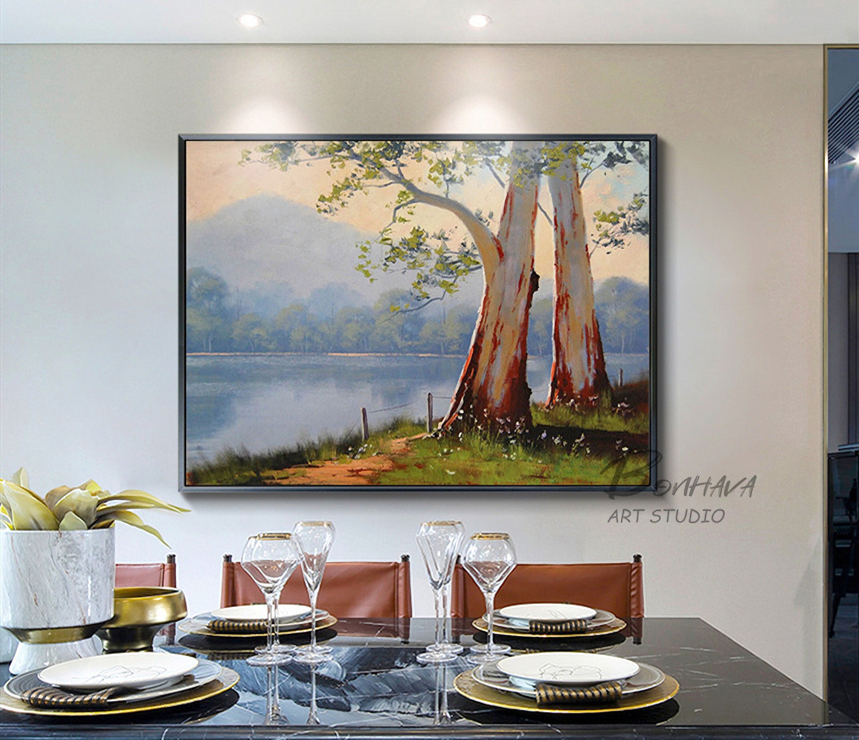 Tree Lake Wall Art Decor Landscape Leaves Forest Canvas Painting Kitchen Pictures for Home Living Dining Room