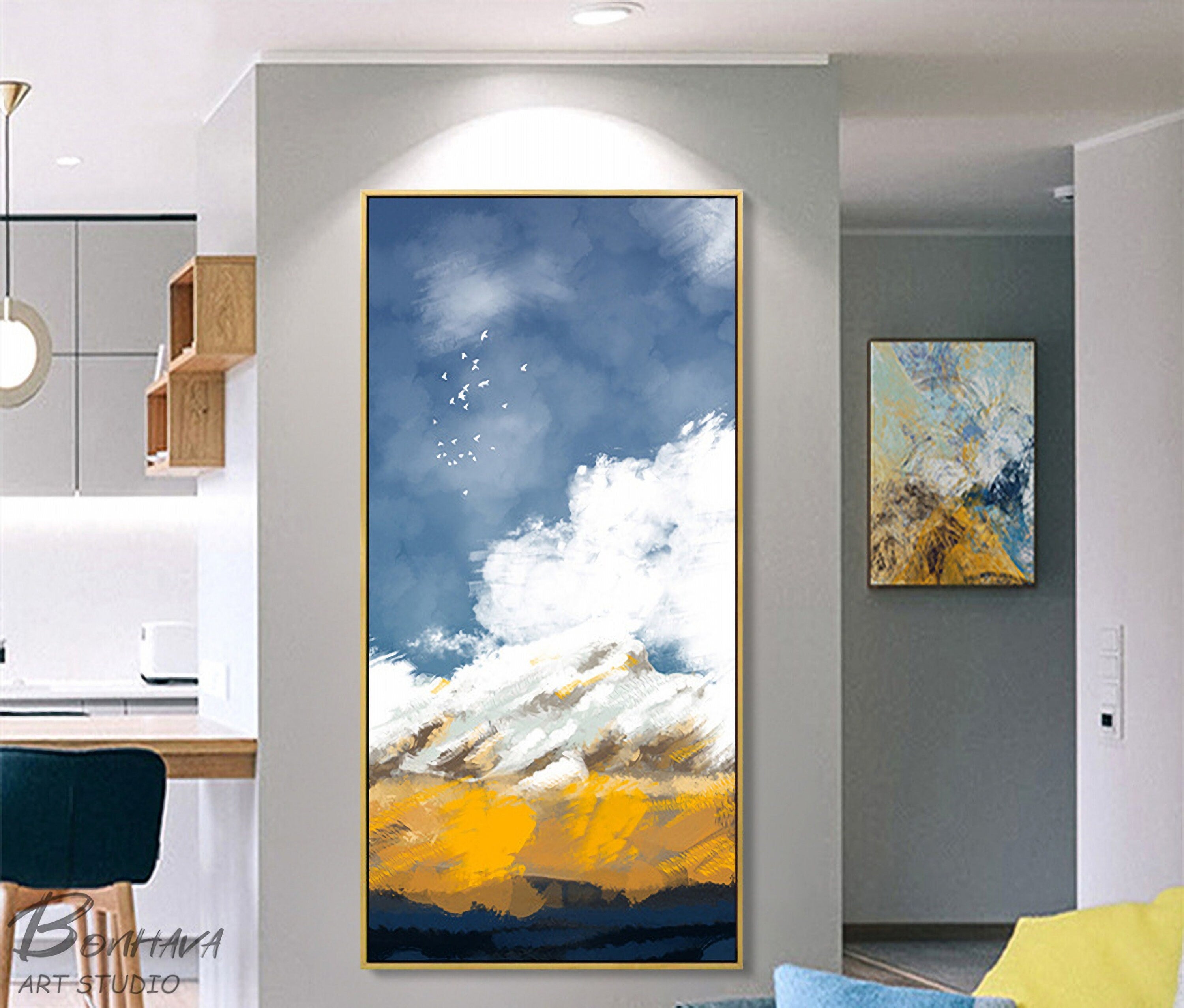 Harvest Land and Sky, Abstract Painting, Blue, White and Yellow
