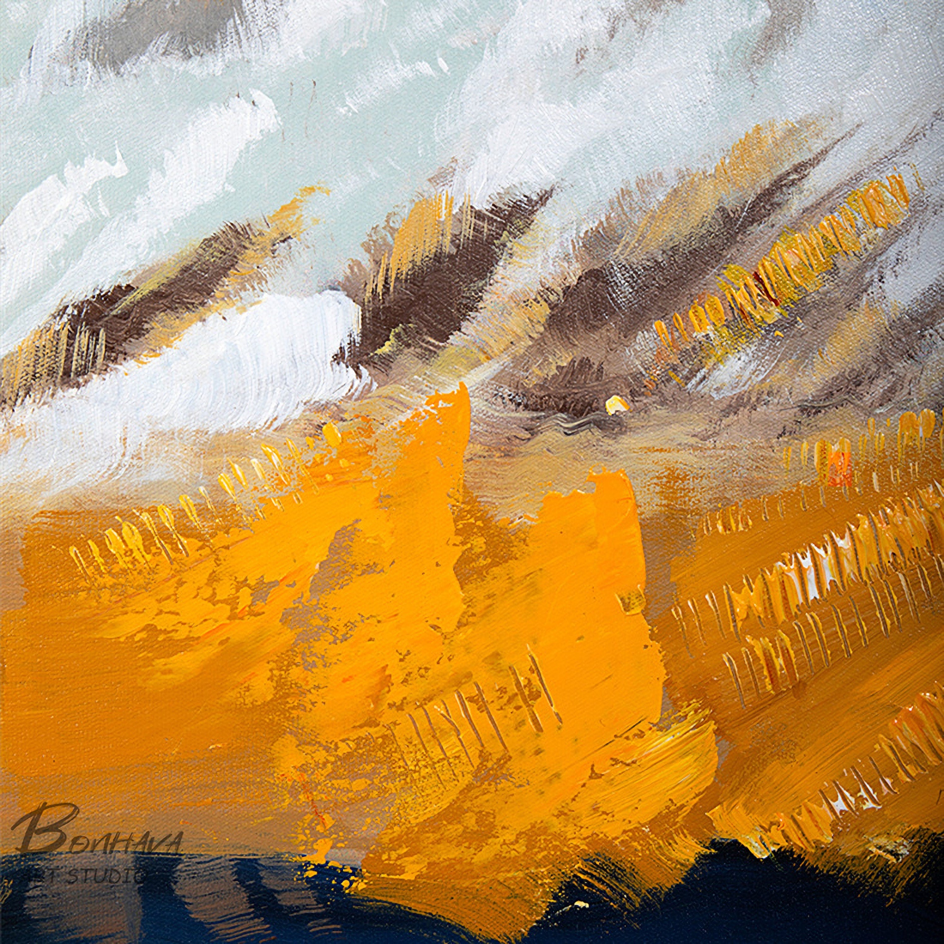 Harvest Land and Sky, Abstract Painting, Blue, White and Yellow