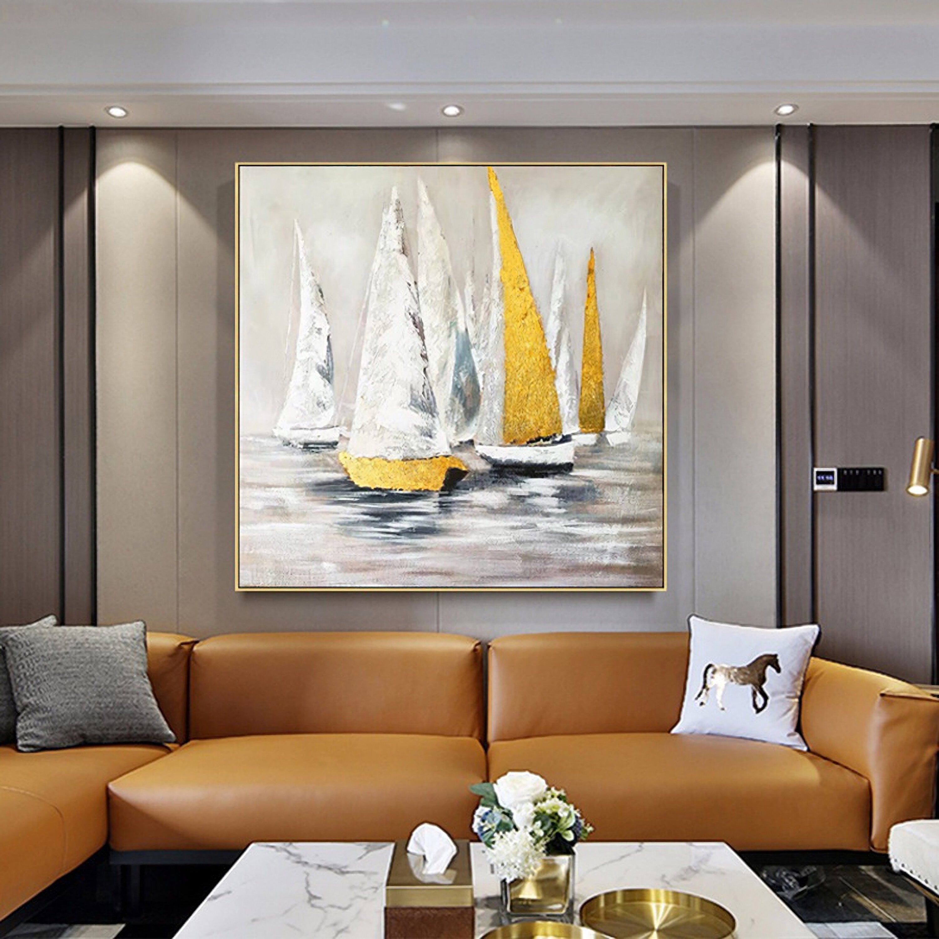 Large sailboat oil painting, Original Sailboats gather in the harbor landscape Artwork, Nautical oil painting art on Canvas