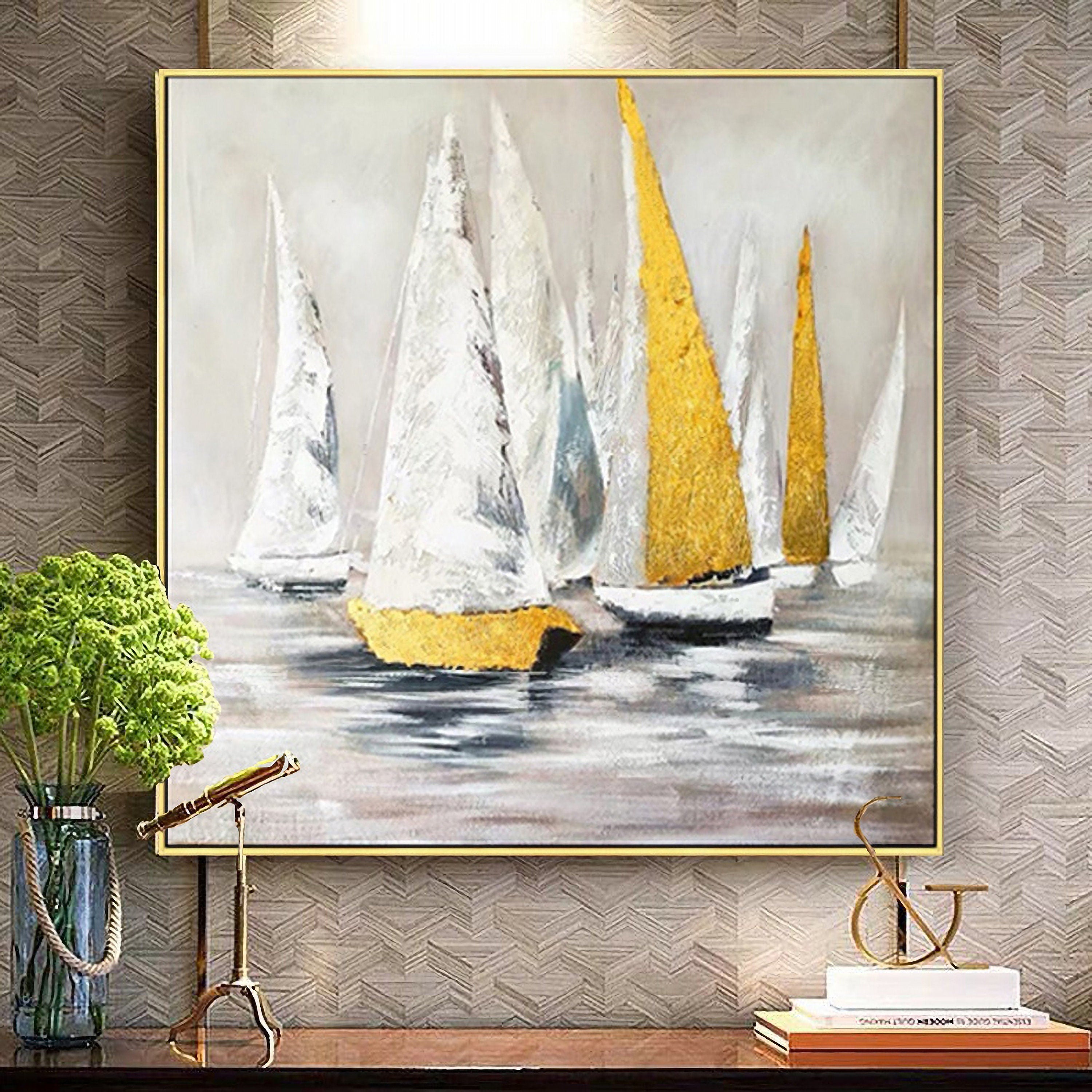 Large sailboat oil painting, Original Sailboats gather in the harbor landscape Artwork, Nautical oil painting art on Canvas