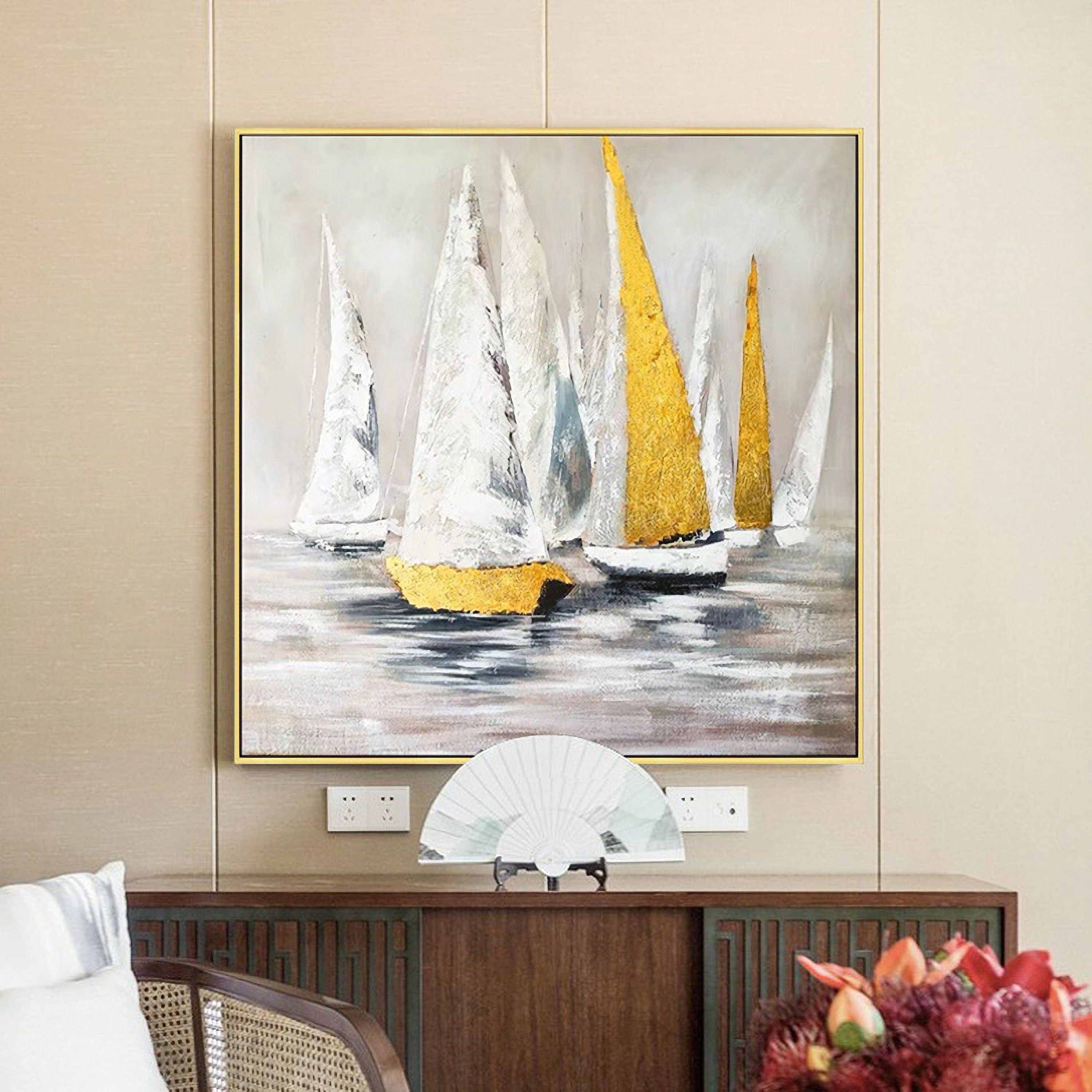 Large sailboat oil painting, Original Sailboats gather in the harbor landscape Artwork, Nautical oil painting art on Canvas