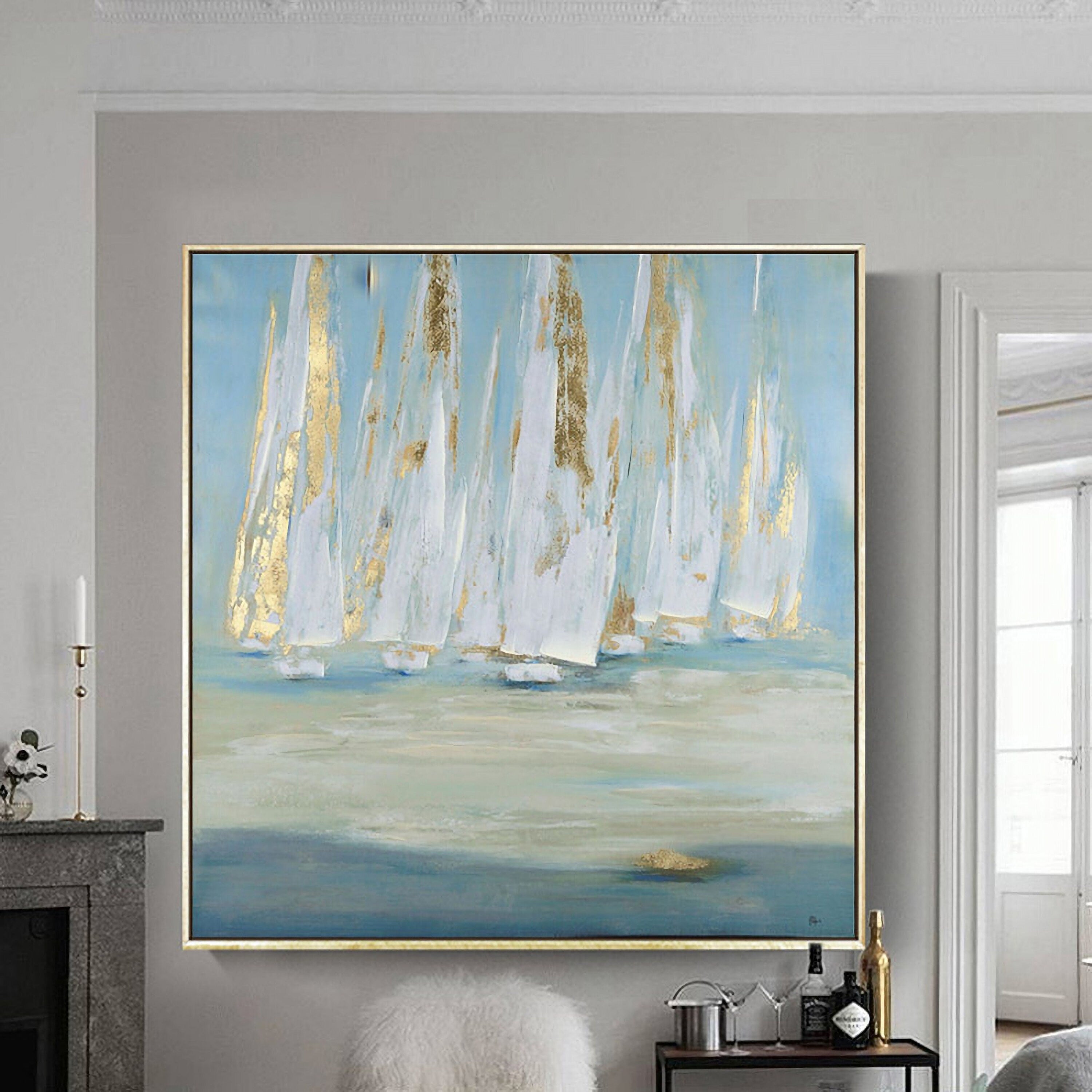 Ocean Sailboat Oil Painting Nautical Canvas Painting Gold Boat Artwork Coastal Painting for Living Room Bathroom Bedroom…