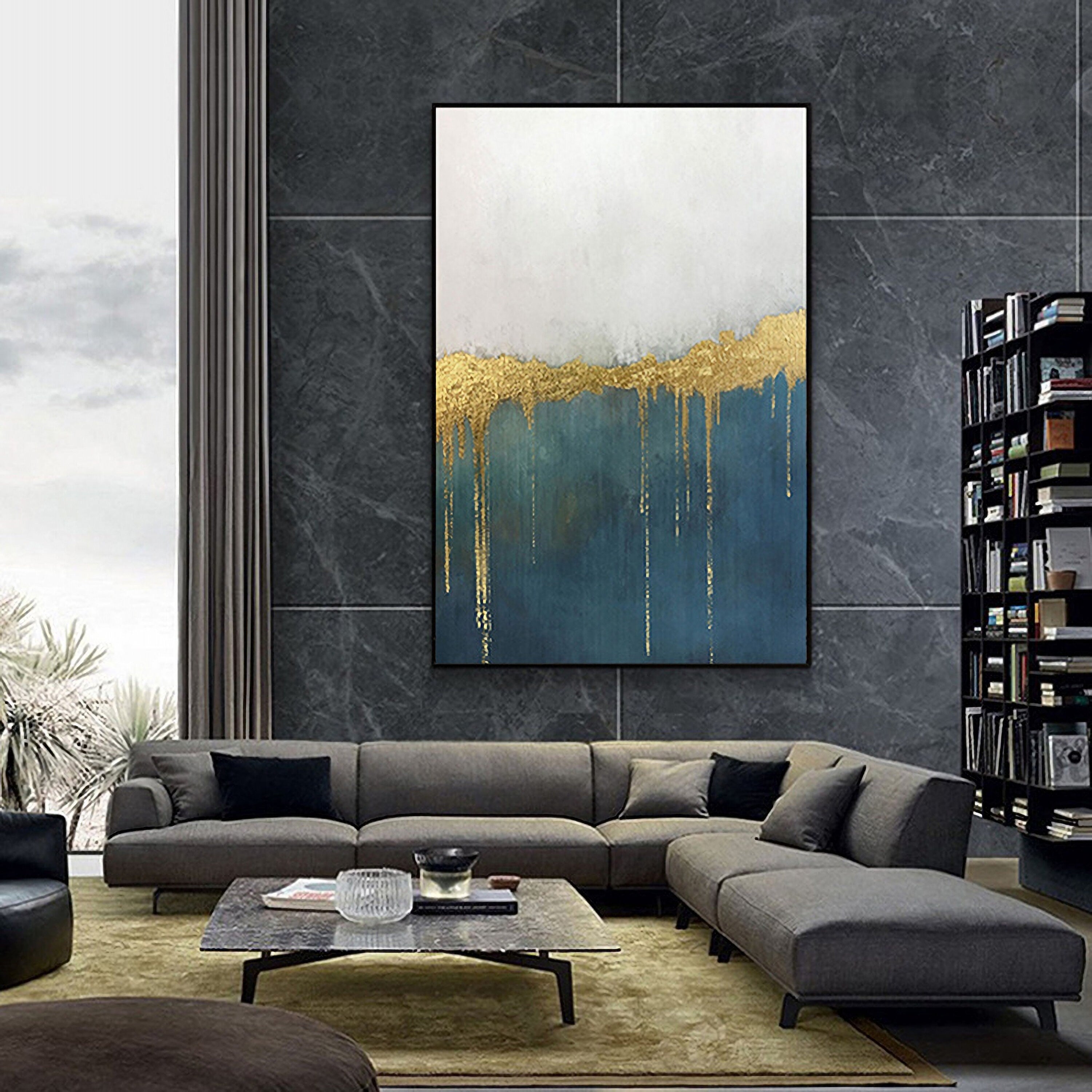 Canvas Painting Wall Art Abstract: Heavy Textured Hand Painted Blue & Gold Foils Picture Artwork for Living Room (32” x…