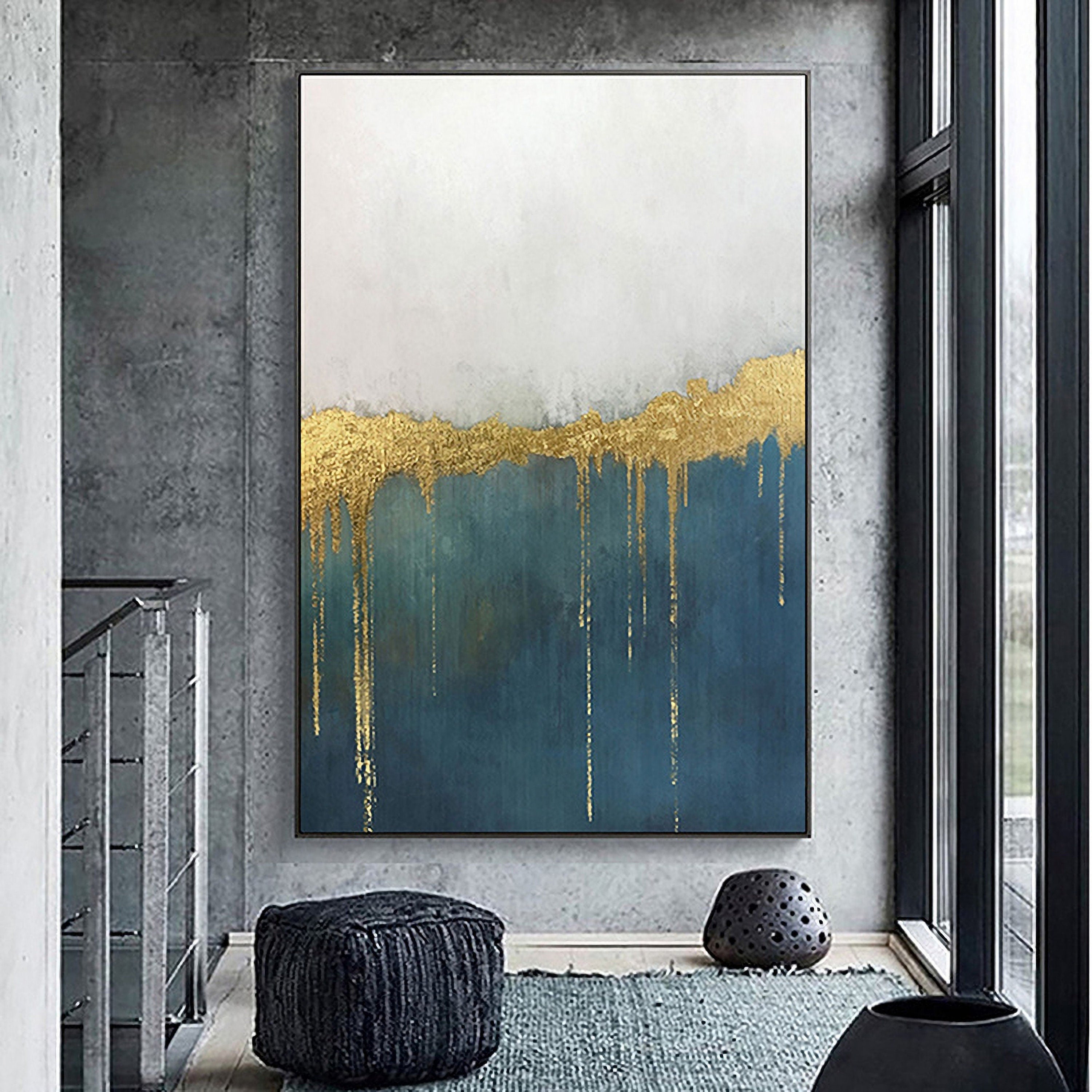 Canvas Painting Wall Art Abstract: Heavy Textured Hand Painted Blue & Gold Foils Picture Artwork for Living Room (32” x…