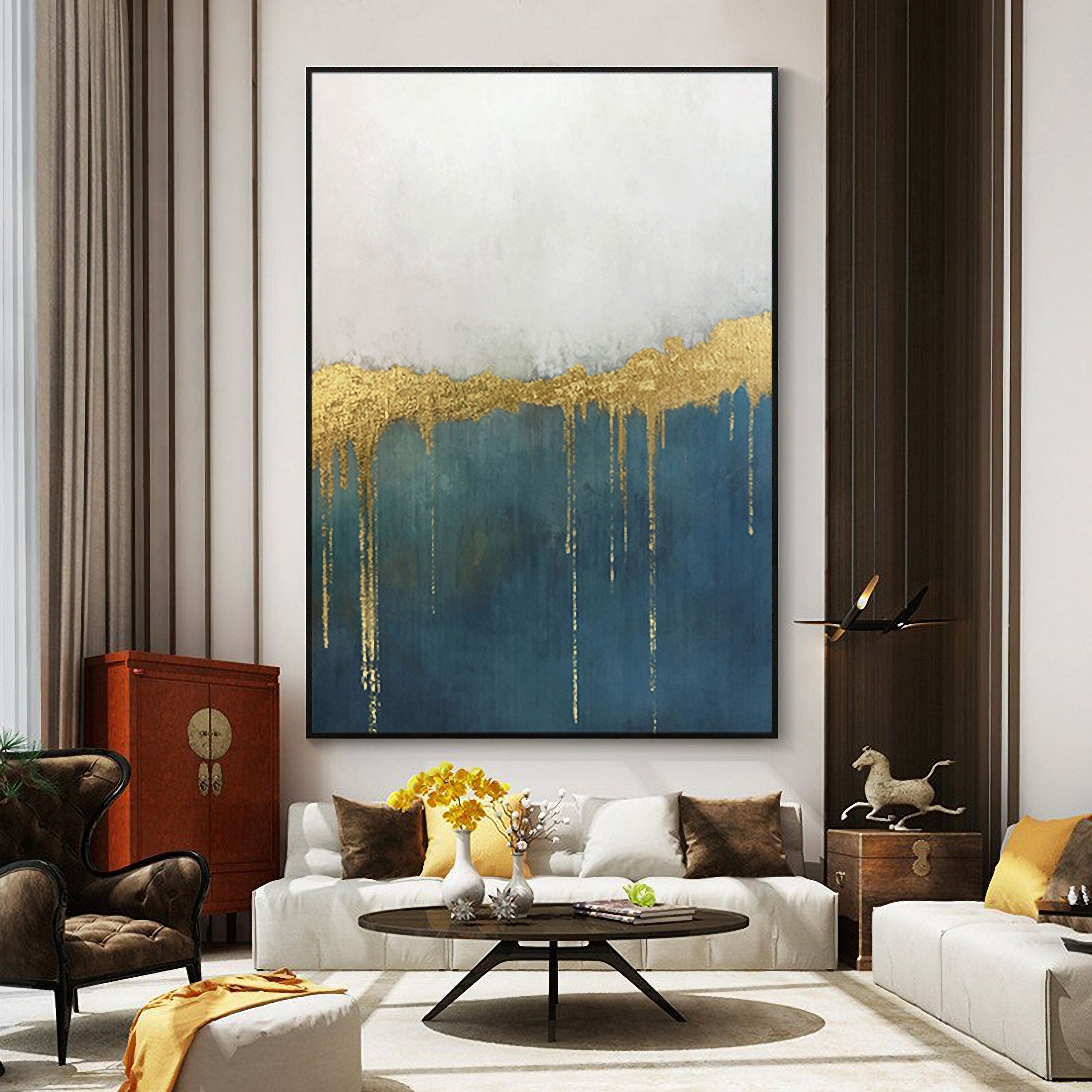 Canvas Painting Wall Art Abstract: Heavy Textured Hand Painted Blue & Gold Foils Picture Artwork for Living Room (32” x…