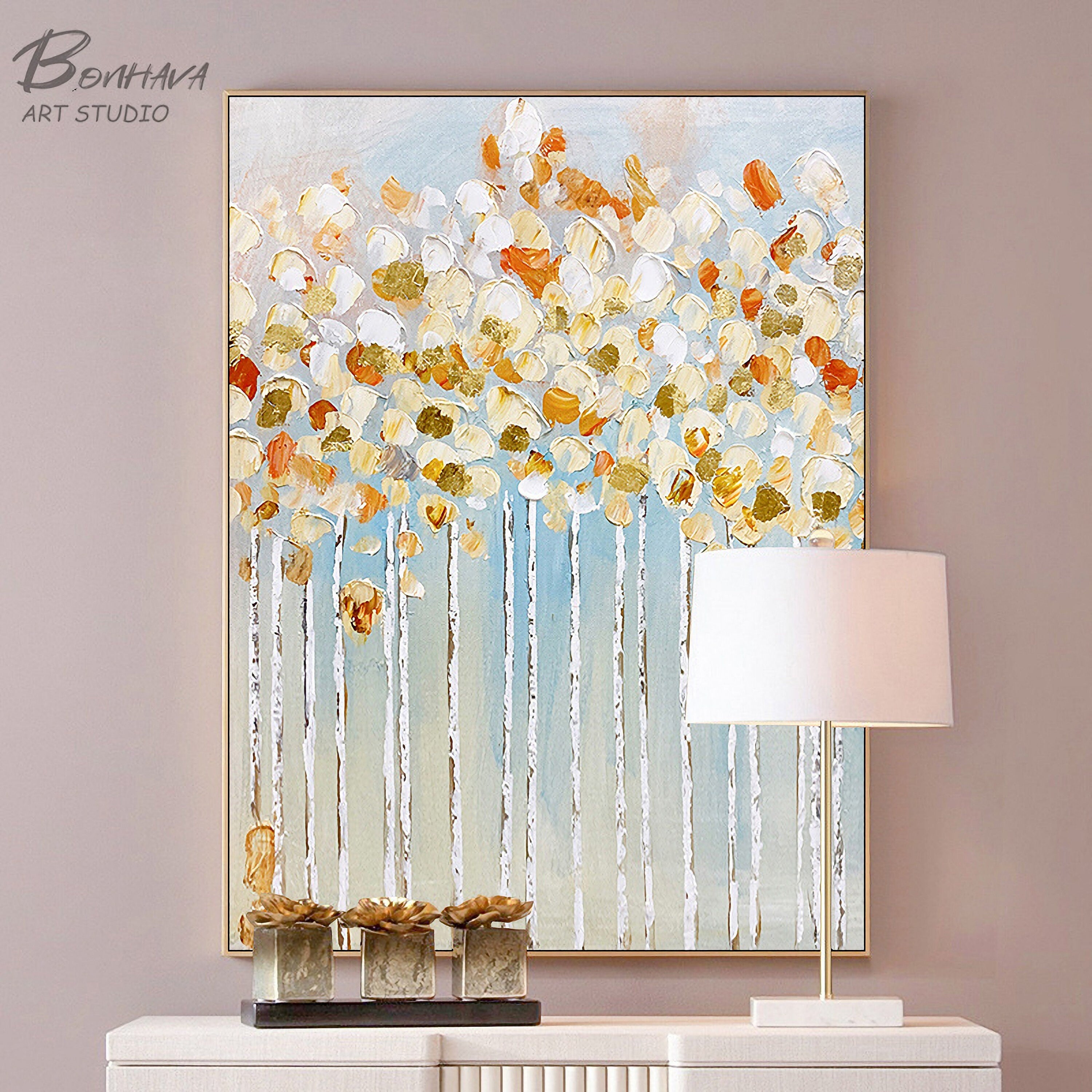 Abstract Flowers Painting Bloosom Modern Floral Pallet Knife Painting for Bedroom Kitchen Dinning Room Living Room Office…