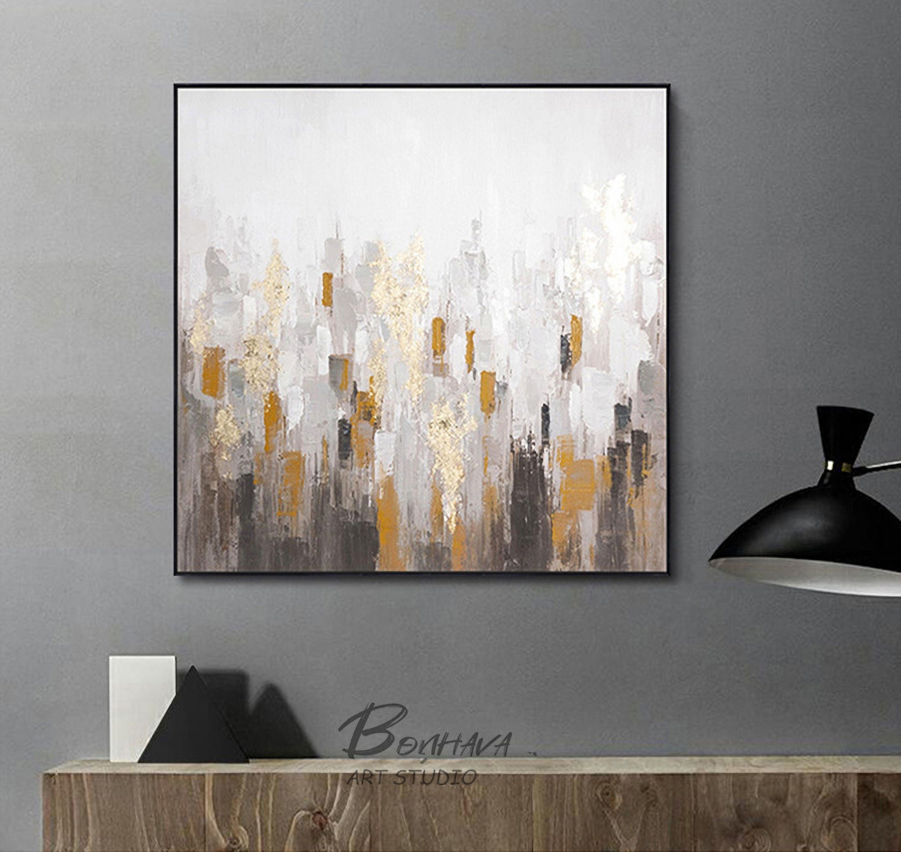 Abstract Golden Canvas Wall Art: Modern Painting Hand Painted Artwork on Canvas for Living Room (24'' x 24'')