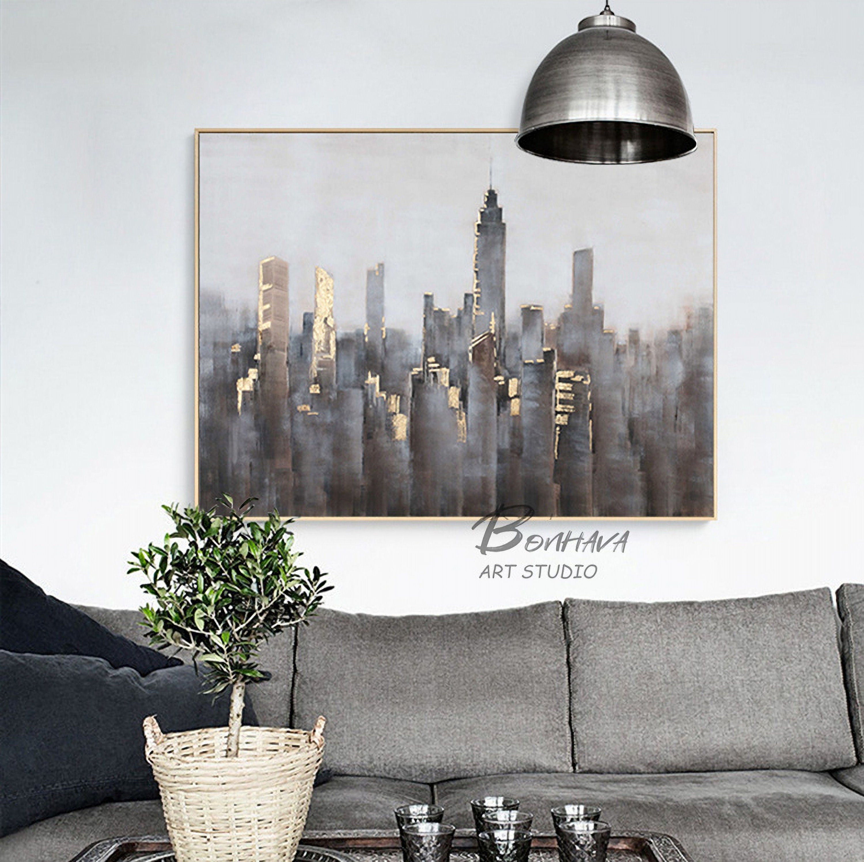 Large Wall City oil painting, Large Abstract Painting, New York skyline city art painting on Canvas,City architecture…