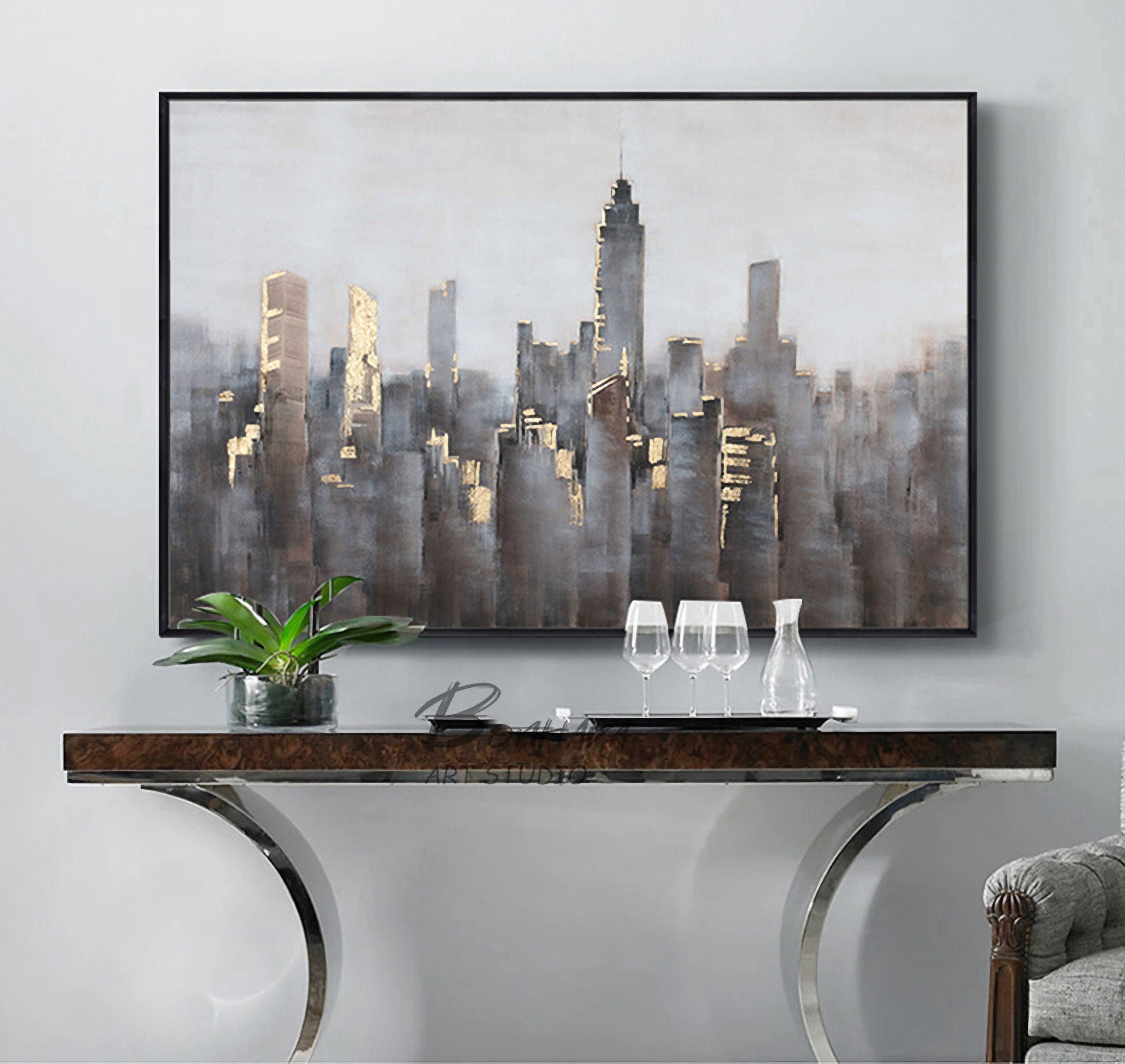 Large Wall City oil painting, Large Abstract Painting, New York skyline city art painting on Canvas,City architecture…