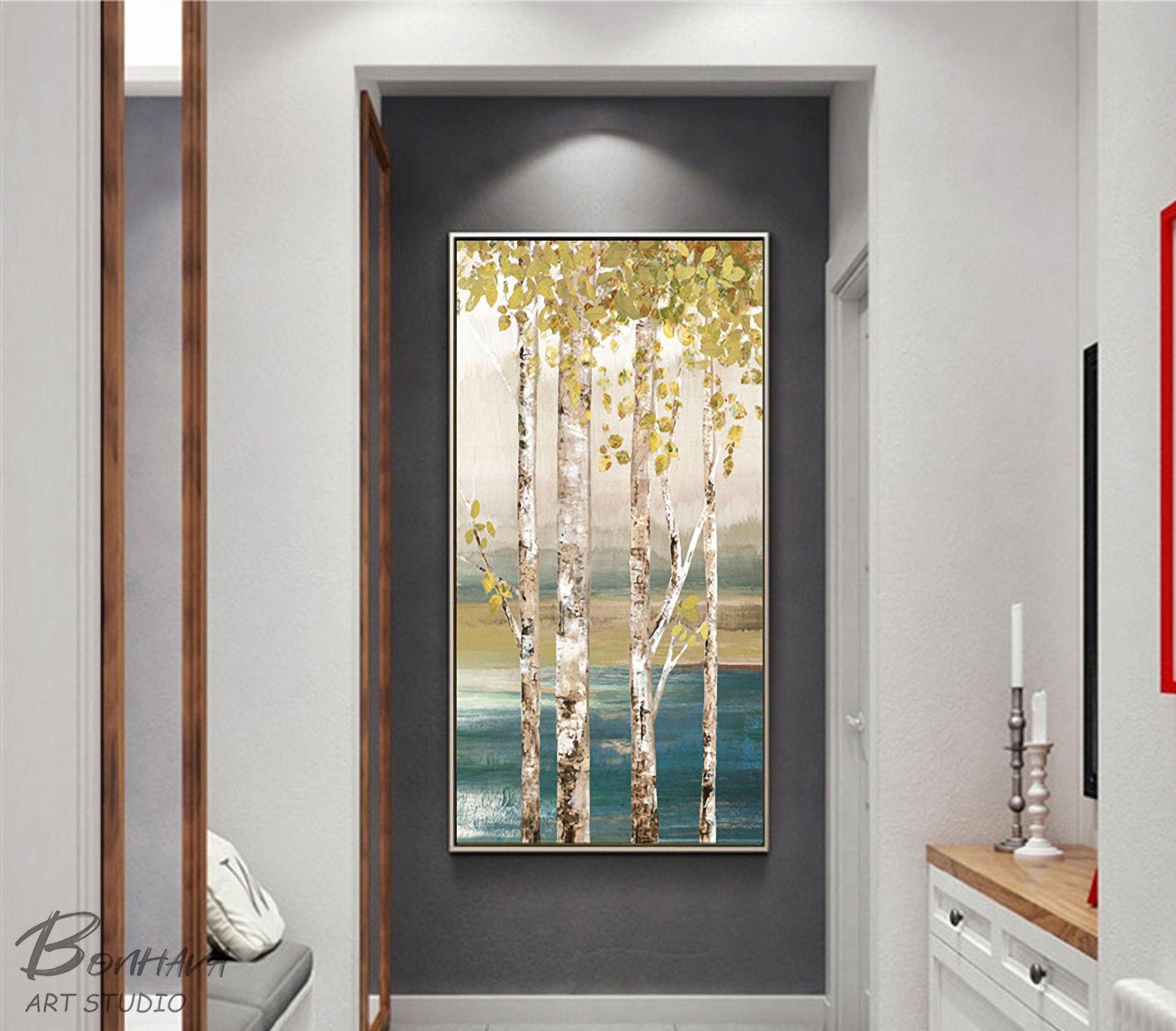 Forest Wall Art Painting, Birch Trees, Hand painted Artwork, Canvas Painting for Wall
