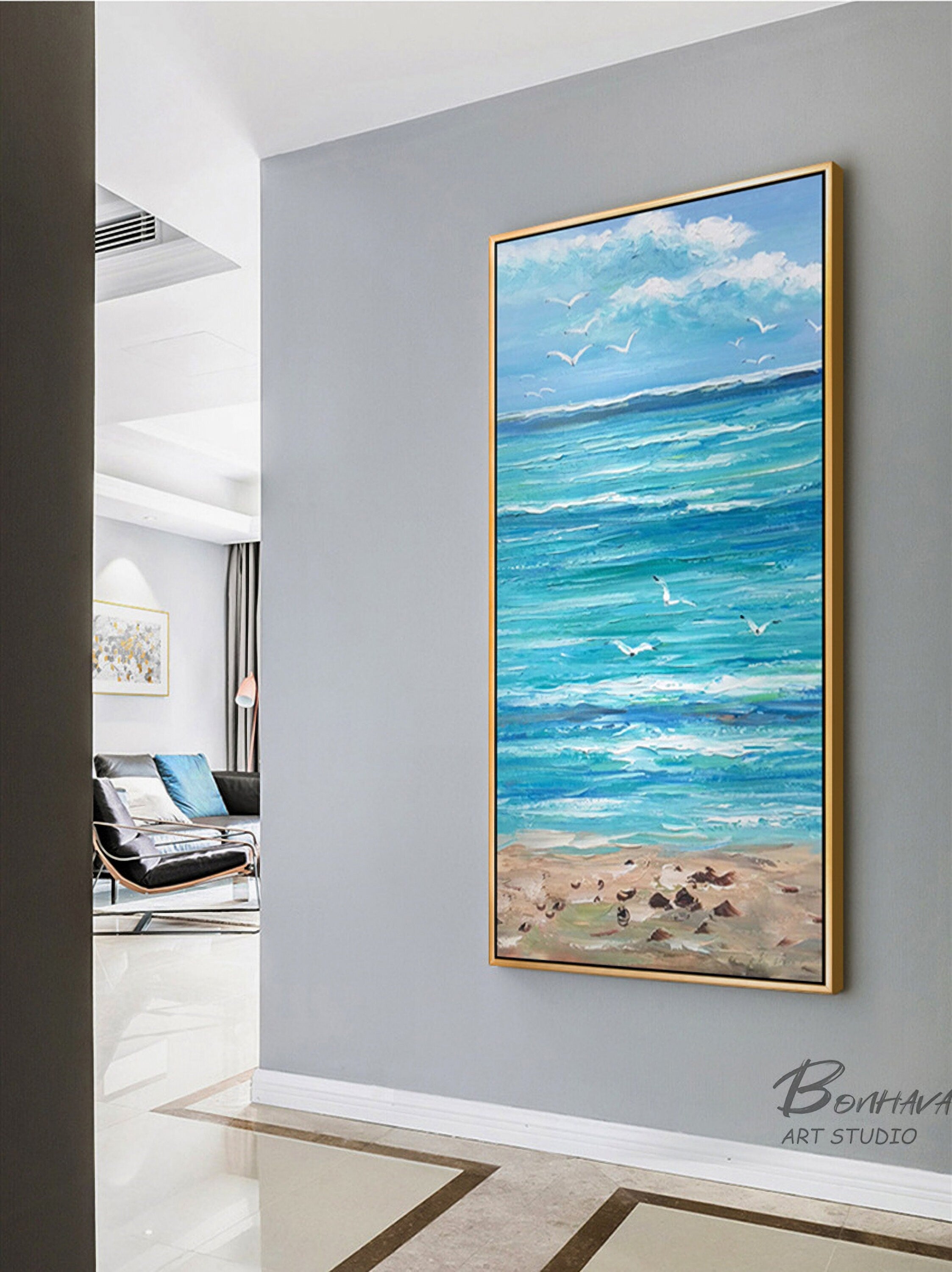Beach Painting Seascape Wall Art: Ocean Picture Artwork Painting on Canvas for Living Room Bedroom