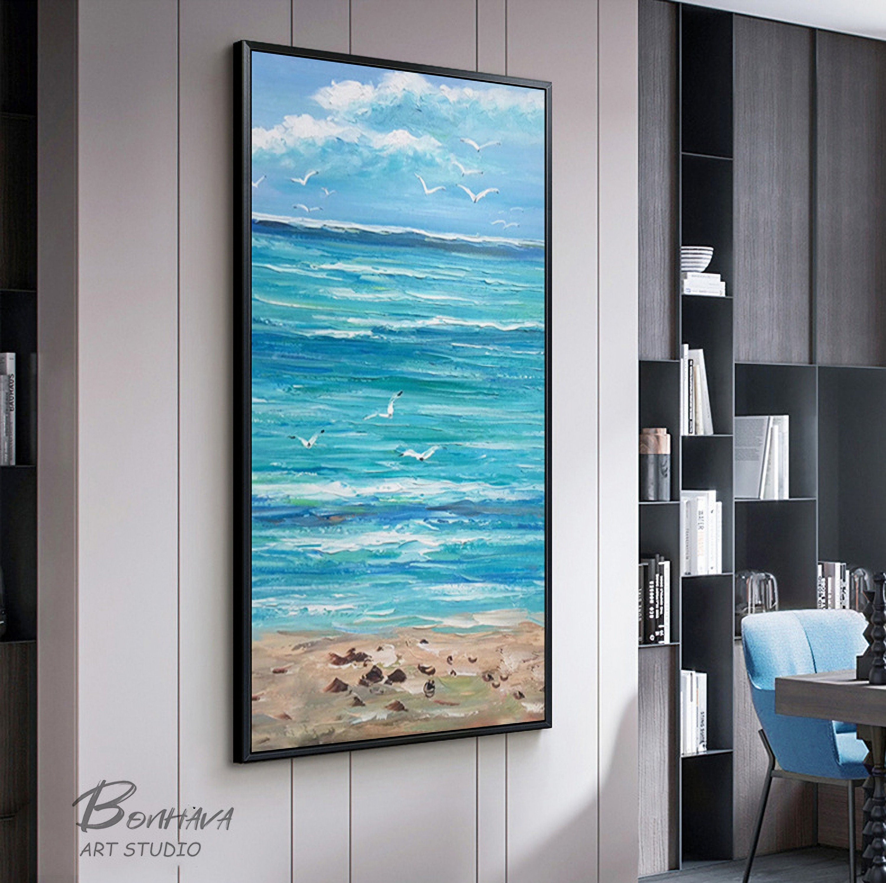 Beach Painting Seascape Wall Art: Ocean Picture Artwork Painting on Canvas for Living Room Bedroom