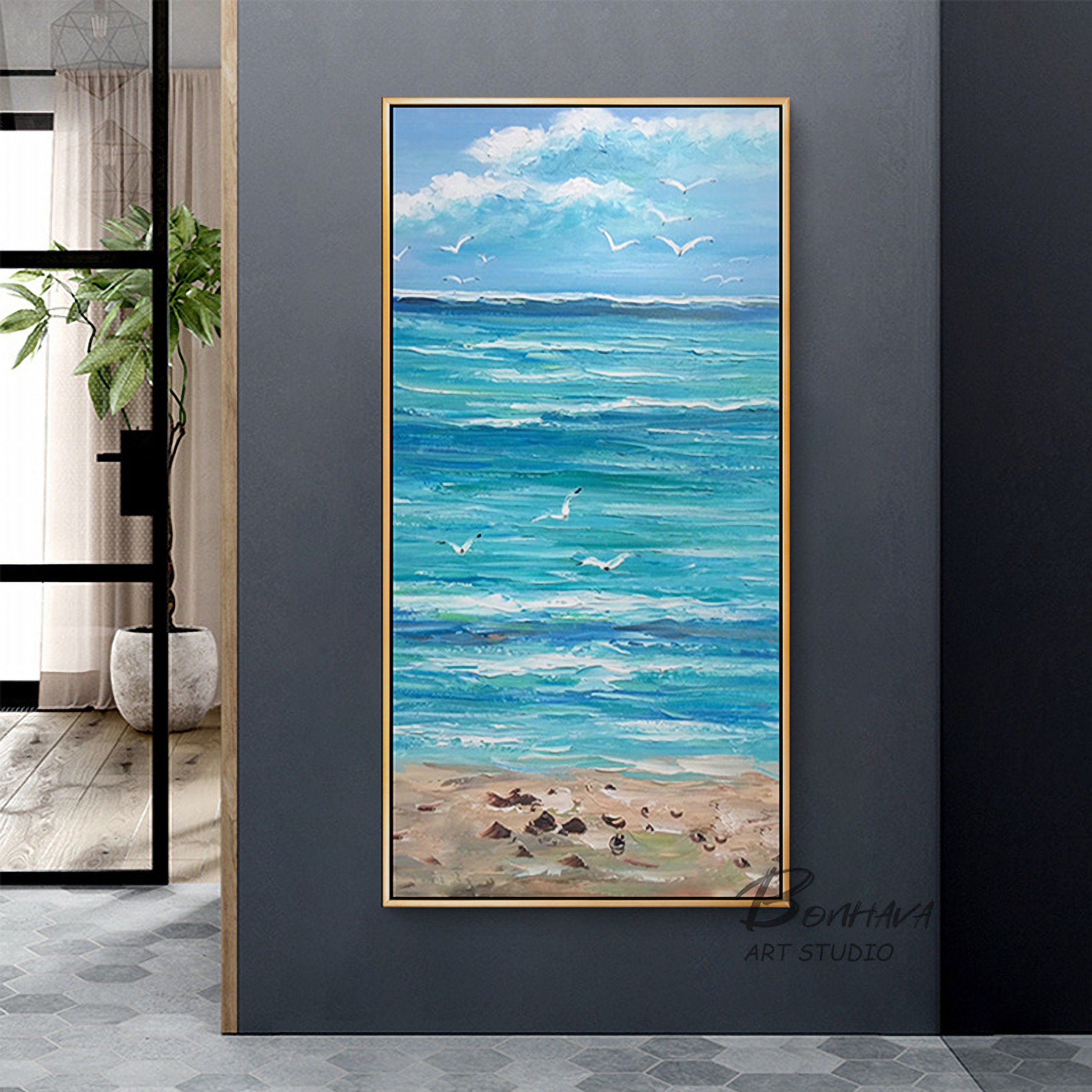 Beach Painting Seascape Wall Art: Ocean Picture Artwork Painting on Canvas for Living Room Bedroom