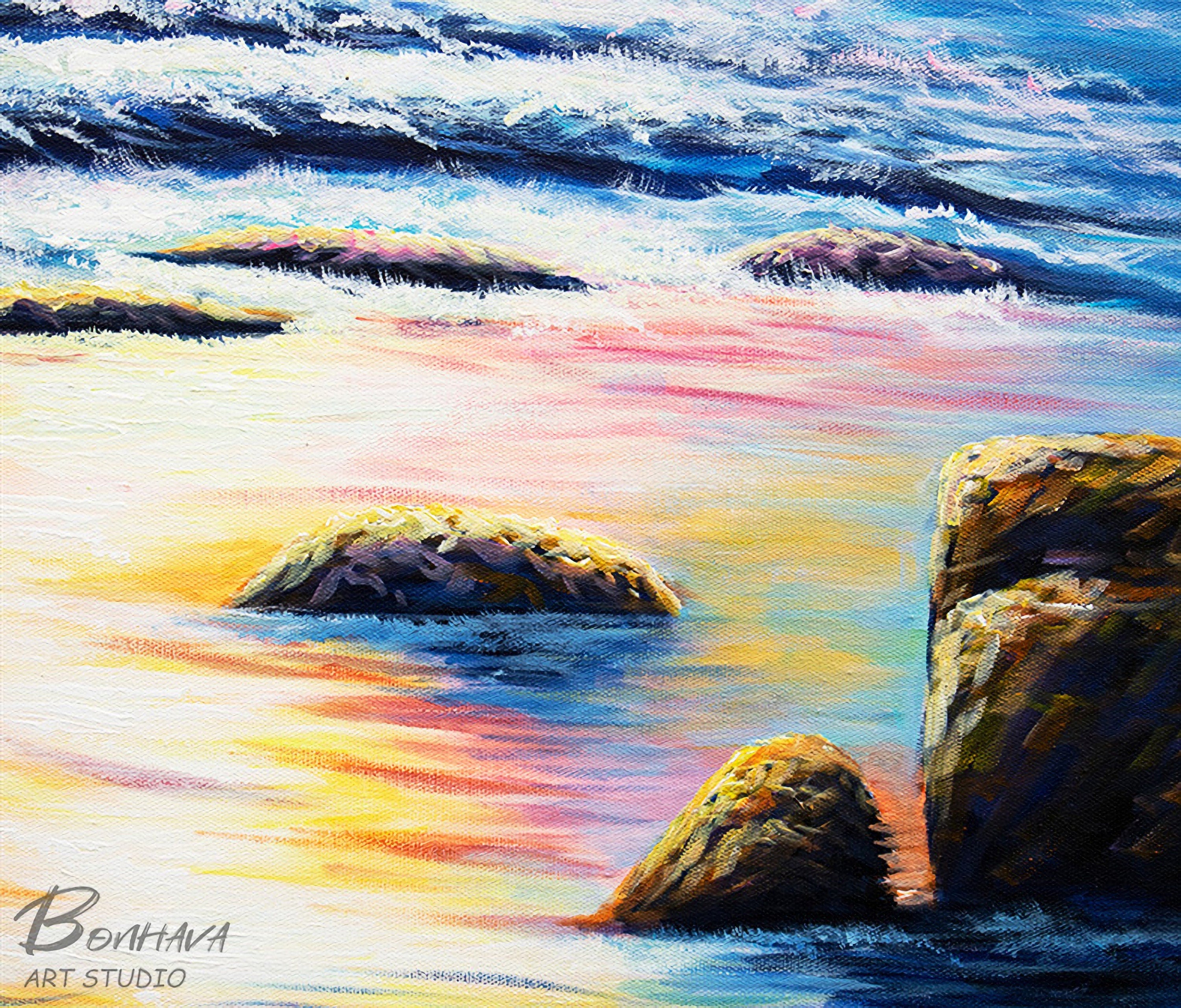 Sea Spray and Sunrise Wall Art, Ocean Oil Painting On Canvas, Seascape Pictures for Home Decor