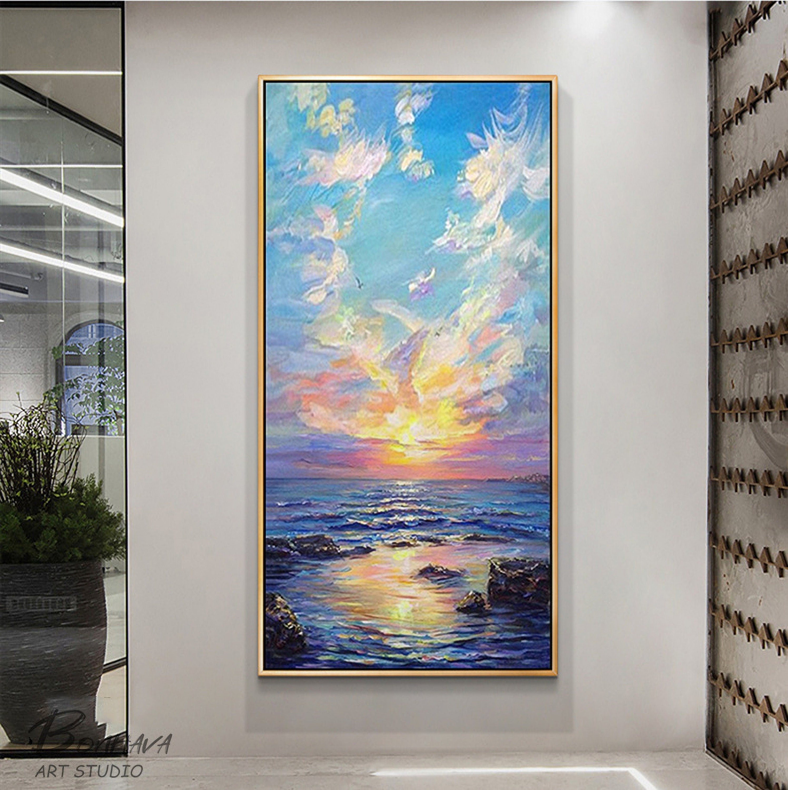 Sea Spray and Sunrise Wall Art, Ocean Oil Painting On Canvas, Seascape Pictures for Home Decor
