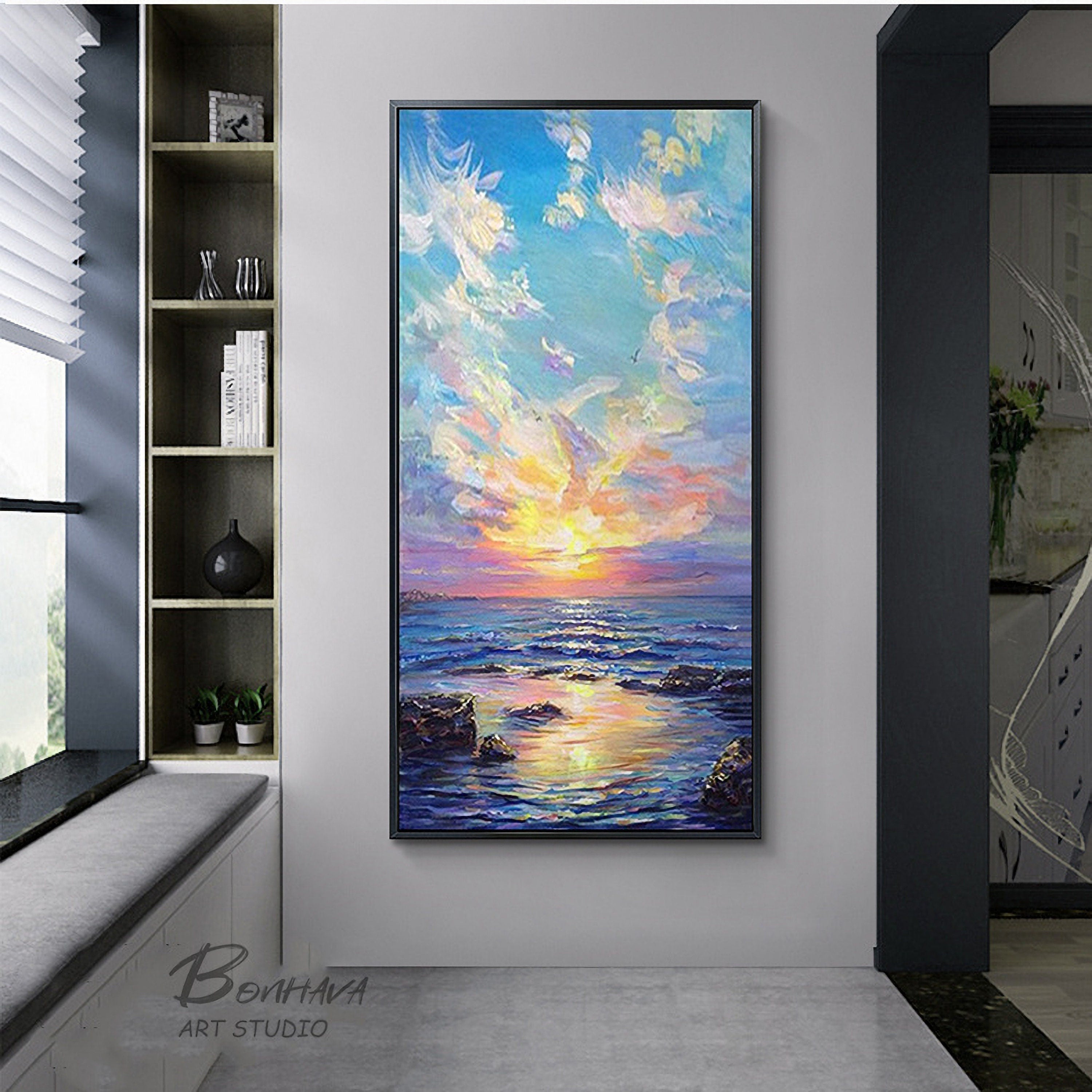 Sea Spray and Sunrise Wall Art, Ocean Oil Painting On Canvas, Seascape Pictures for Home Decor
