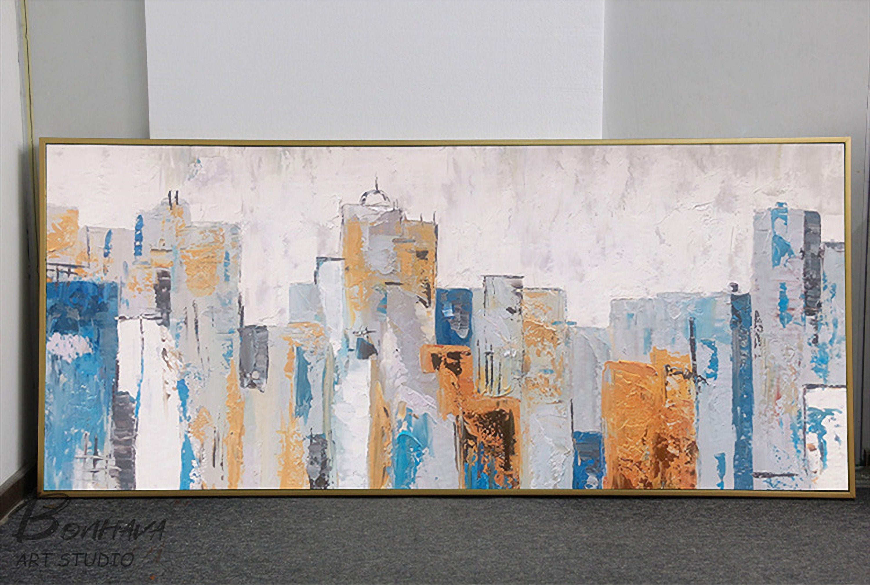 Abstract City Canvas Wall Art, Blue Cityscape Artwork, Buildings Acrylic Painting for Bathroom