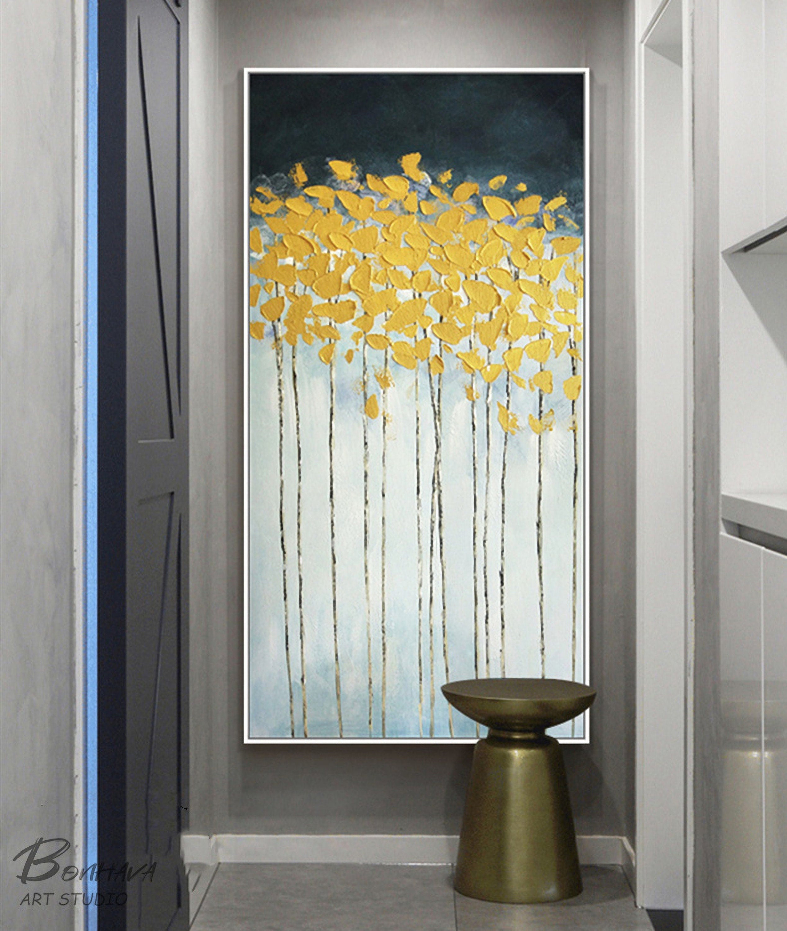 Abstract Tree and Leaves Wall Art, Modern Abstract Canvas Painting, Gold Oil Painting for Home Living Dining Room