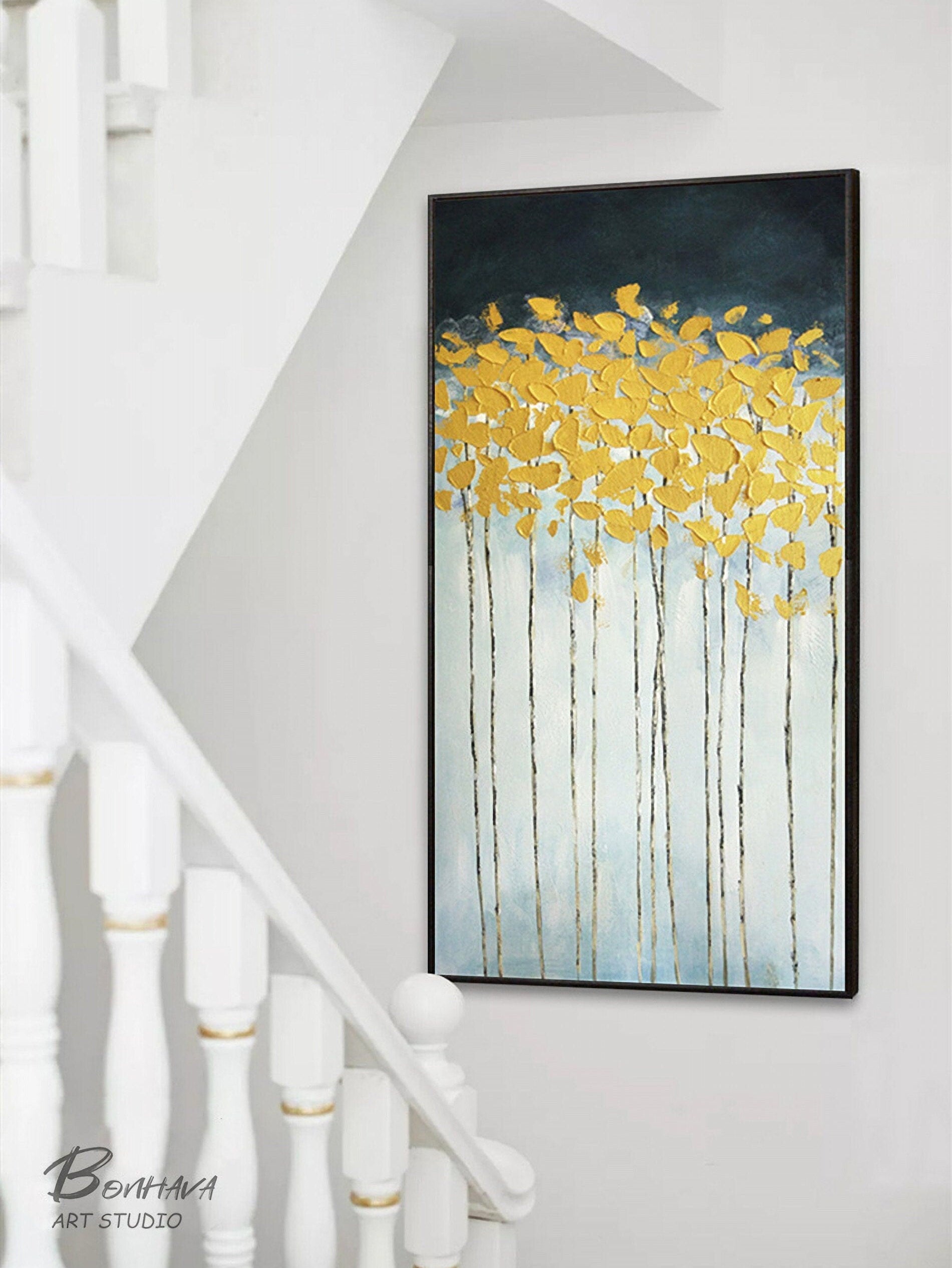 Abstract Tree and Leaves Wall Art, Modern Abstract Canvas Painting, Gold Oil Painting for Home Living Dining Room