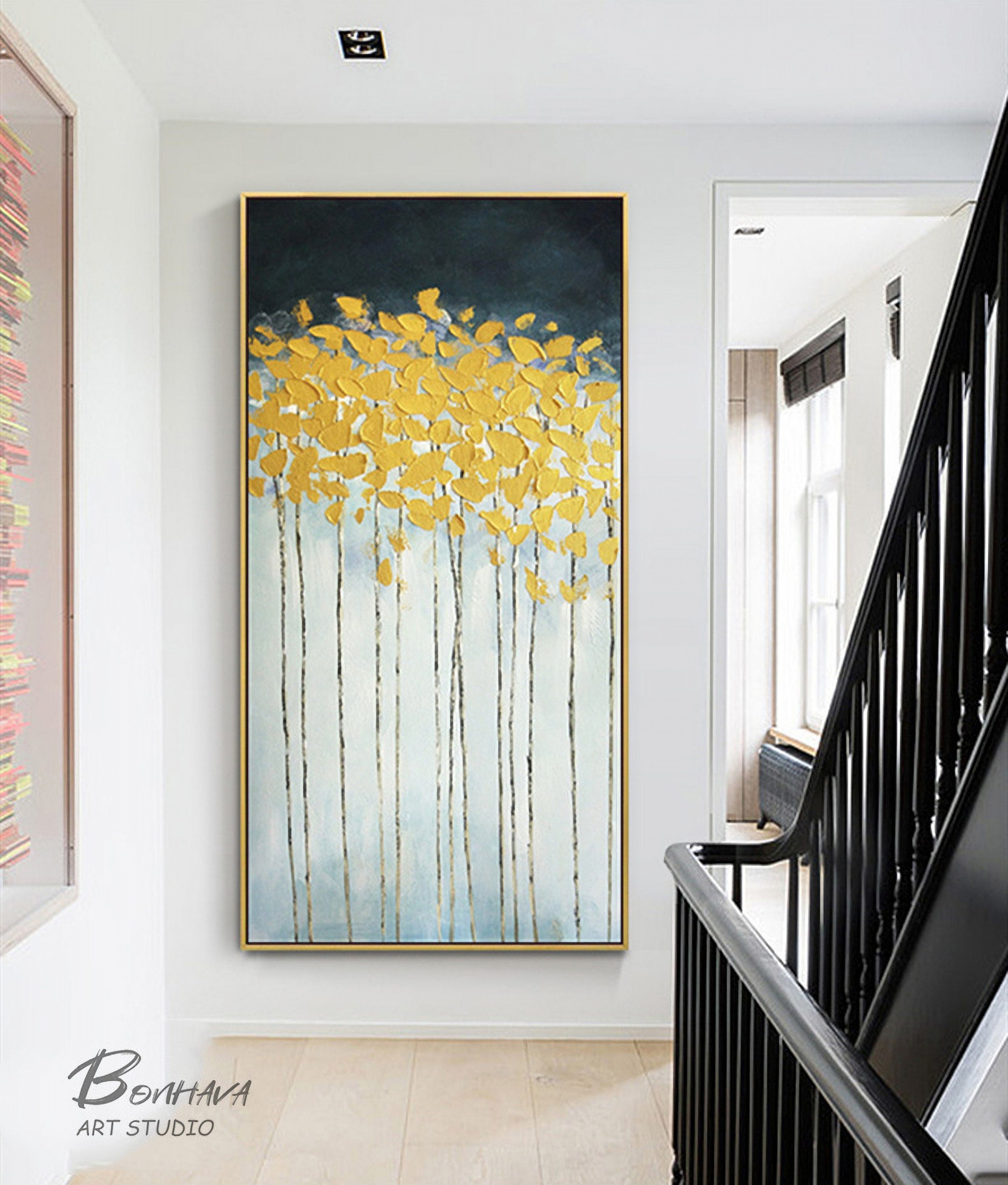 Abstract Tree and Leaves Wall Art, Modern Abstract Canvas Painting, Gold Oil Painting for Home Living Dining Room