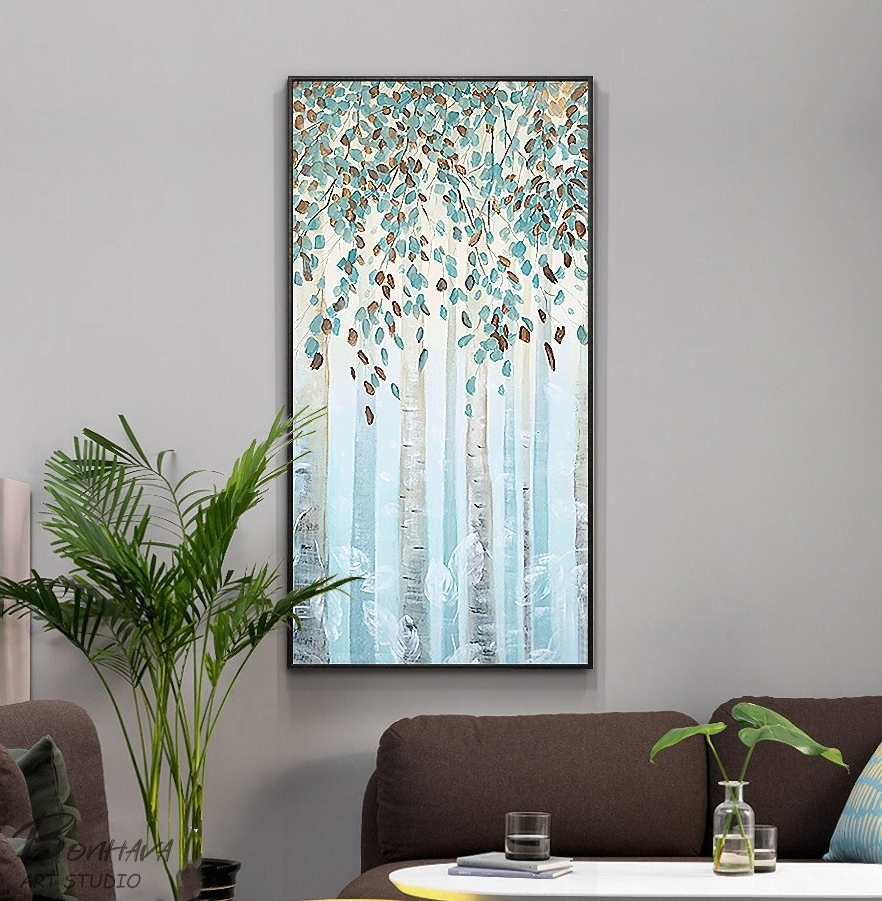 Birch Tree Canvas Wall Art, Blue Forest Painting, Modern Landscape Canvas Art, Hand-Painted Oil Painting