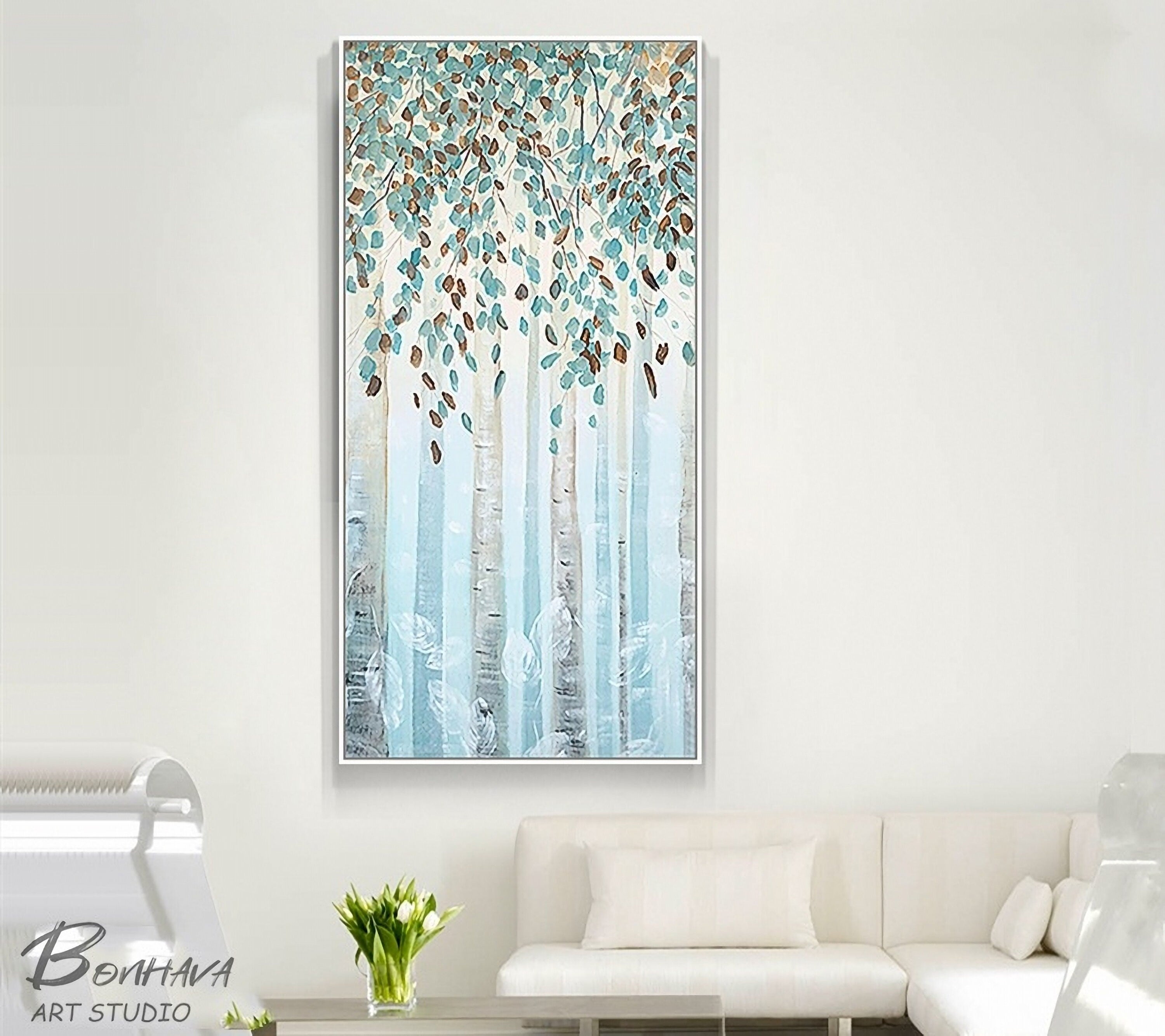 Birch Tree Canvas Wall Art, Blue Forest Painting, Modern Landscape Canvas Art, Hand-Painted Oil Painting