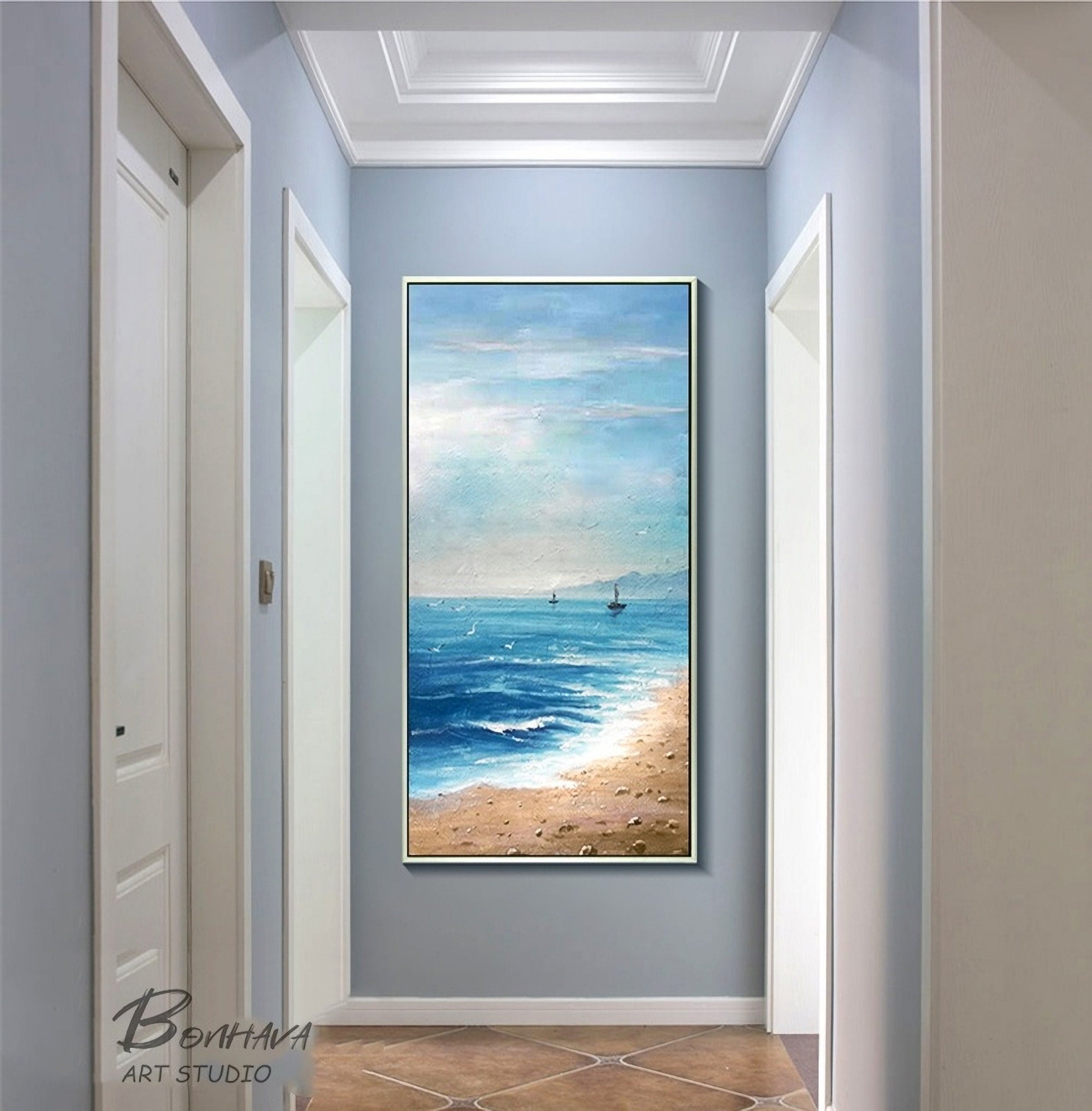 Seashore Artwork, Coastal Wall Art, Abstract Beach Art, Painting on Canvas for Room Decoration