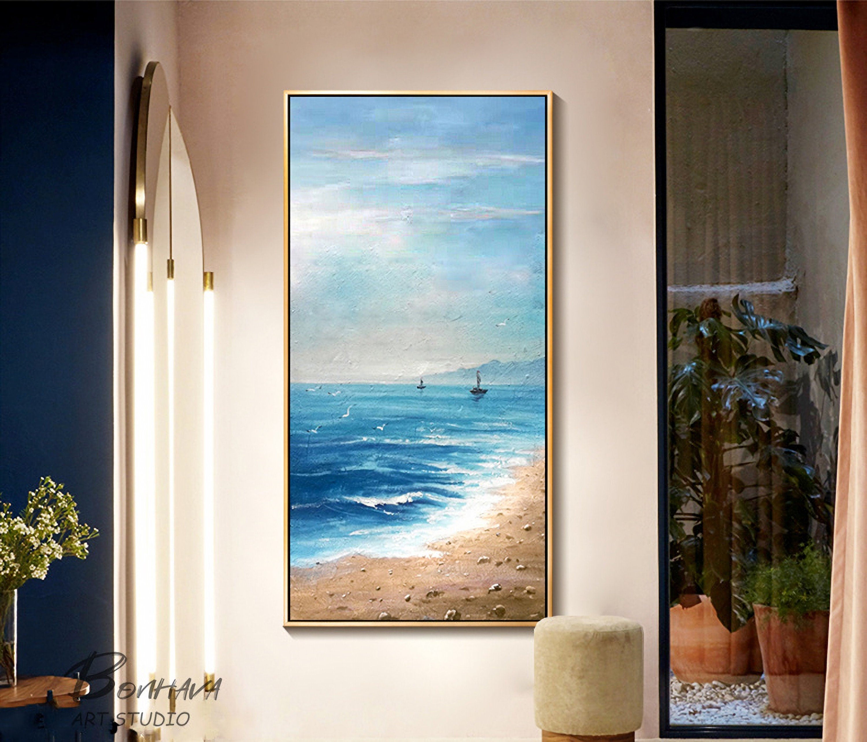 Seashore Artwork, Coastal Wall Art, Abstract Beach Art, Painting on Canvas for Room Decoration