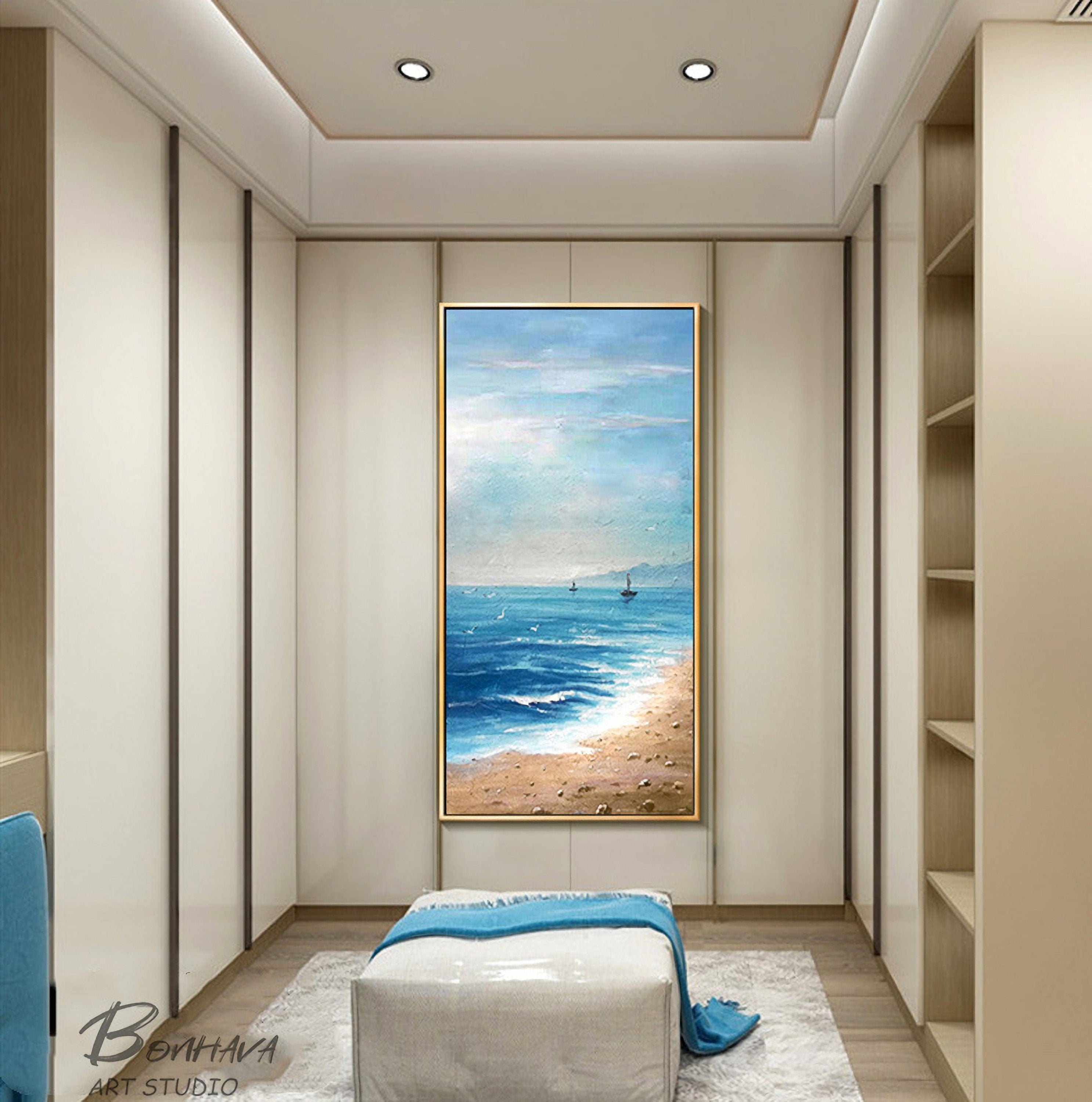 Seashore Artwork, Coastal Wall Art, Abstract Beach Art, Painting on Canvas for Room Decoration