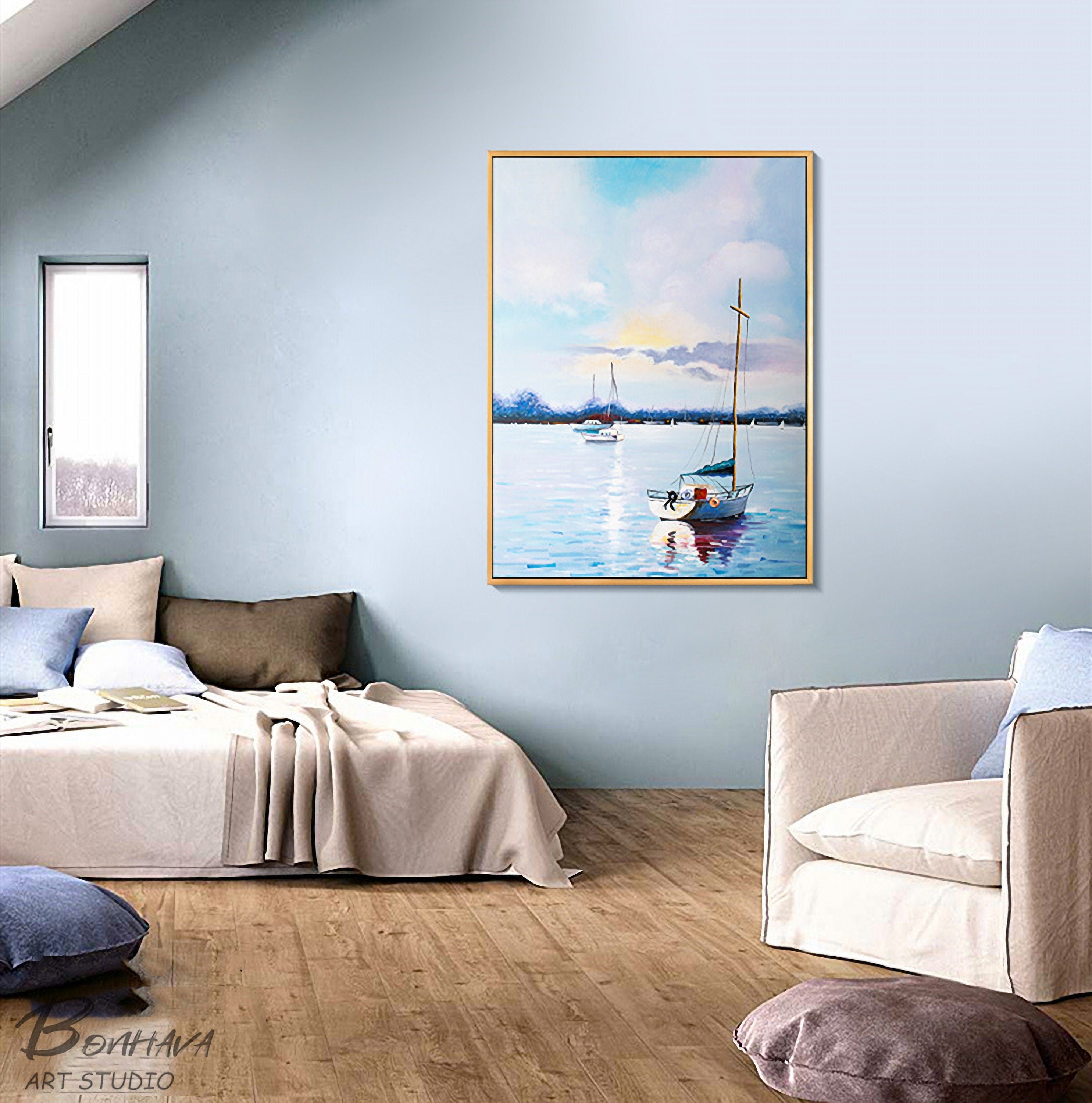 Sailboat Canvas Painting, Abstract Sailing Ship Wall Art, Nautical Artwork for Bedroom