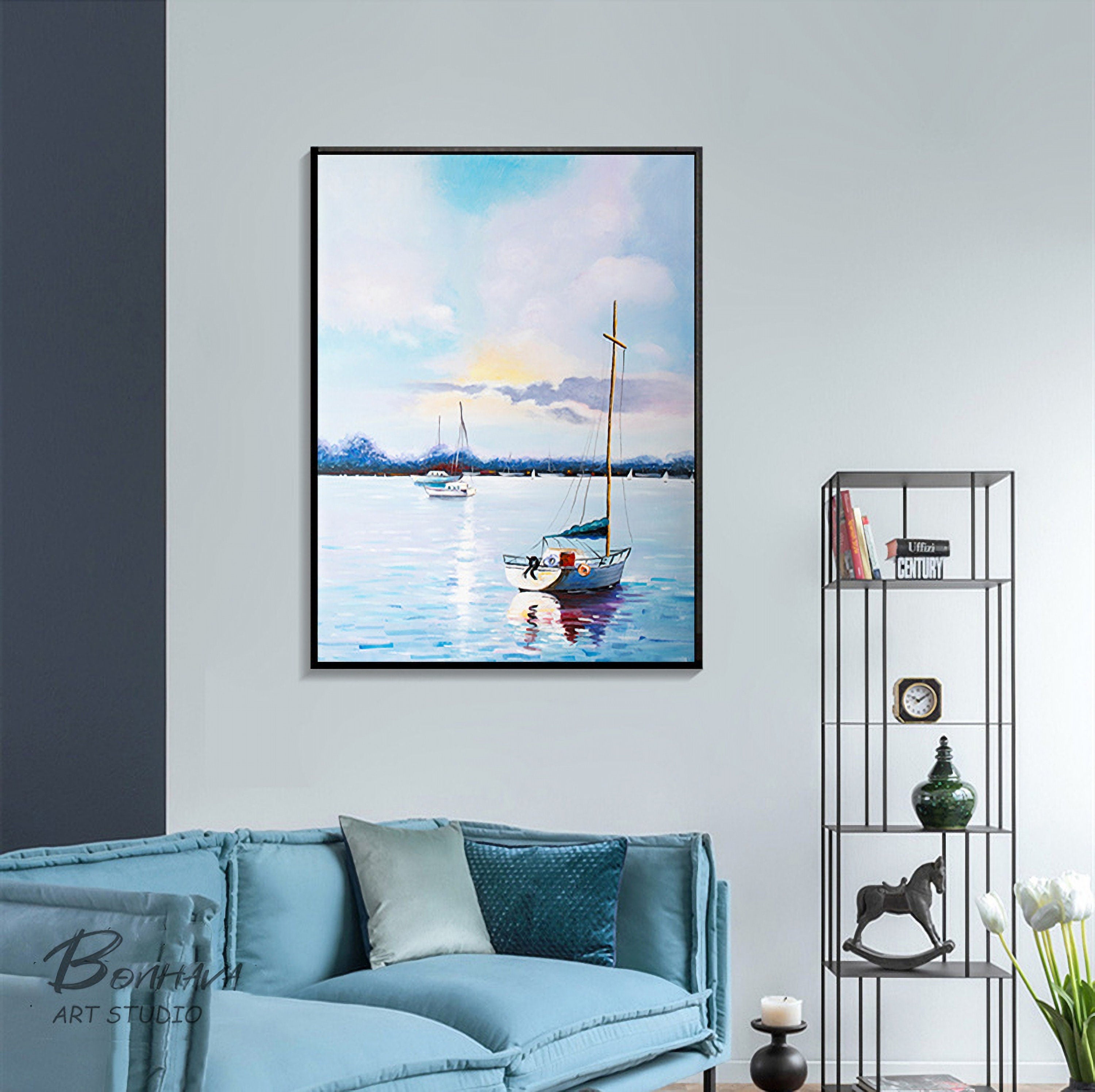 Sailboat Canvas Painting, Abstract Sailing Ship Wall Art, Nautical Artwork for Bedroom