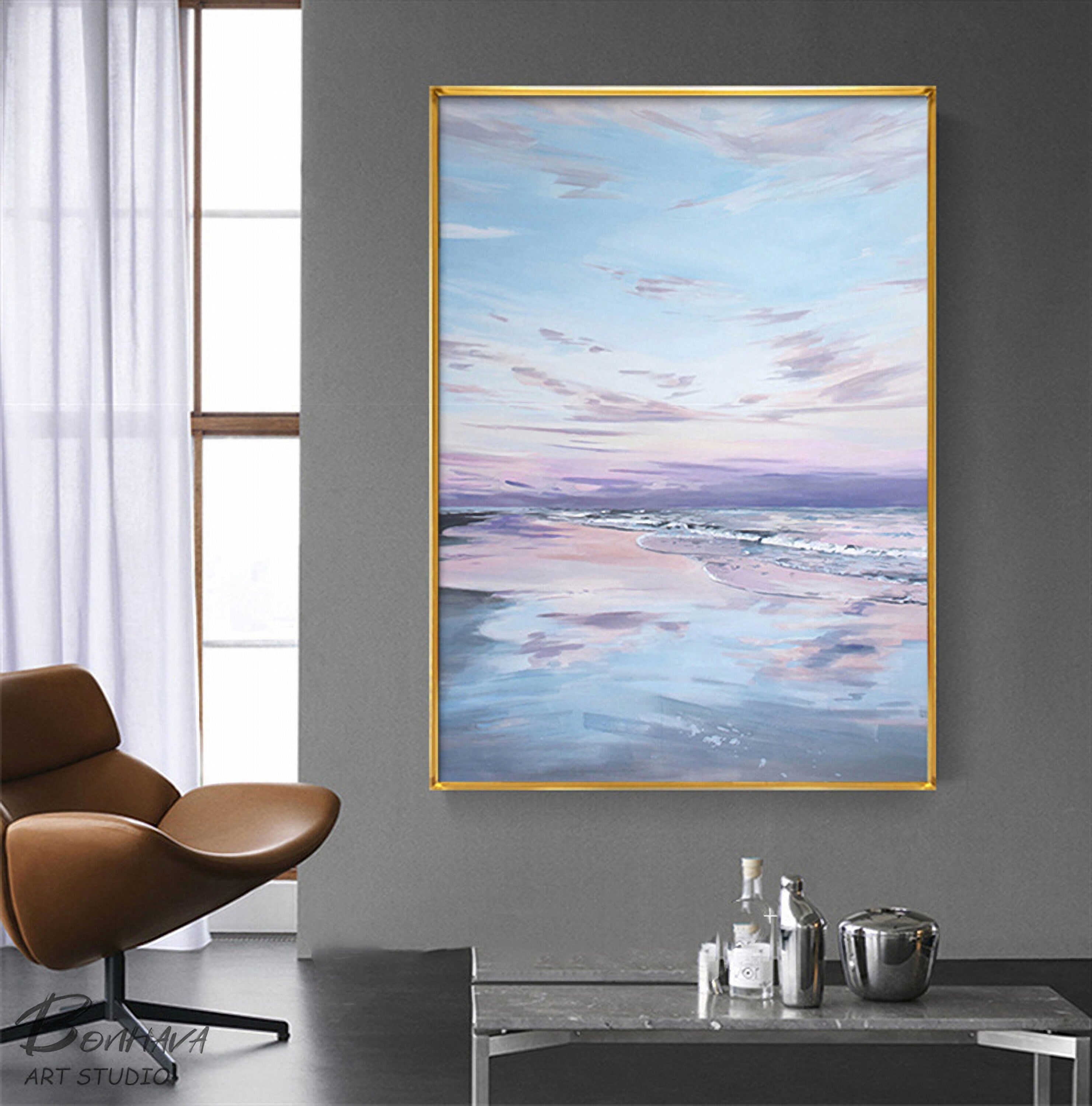 Clouds in The Sky Wall Art, Sea and Sky Oil Painting, Abstract Seascape Canvas Painting