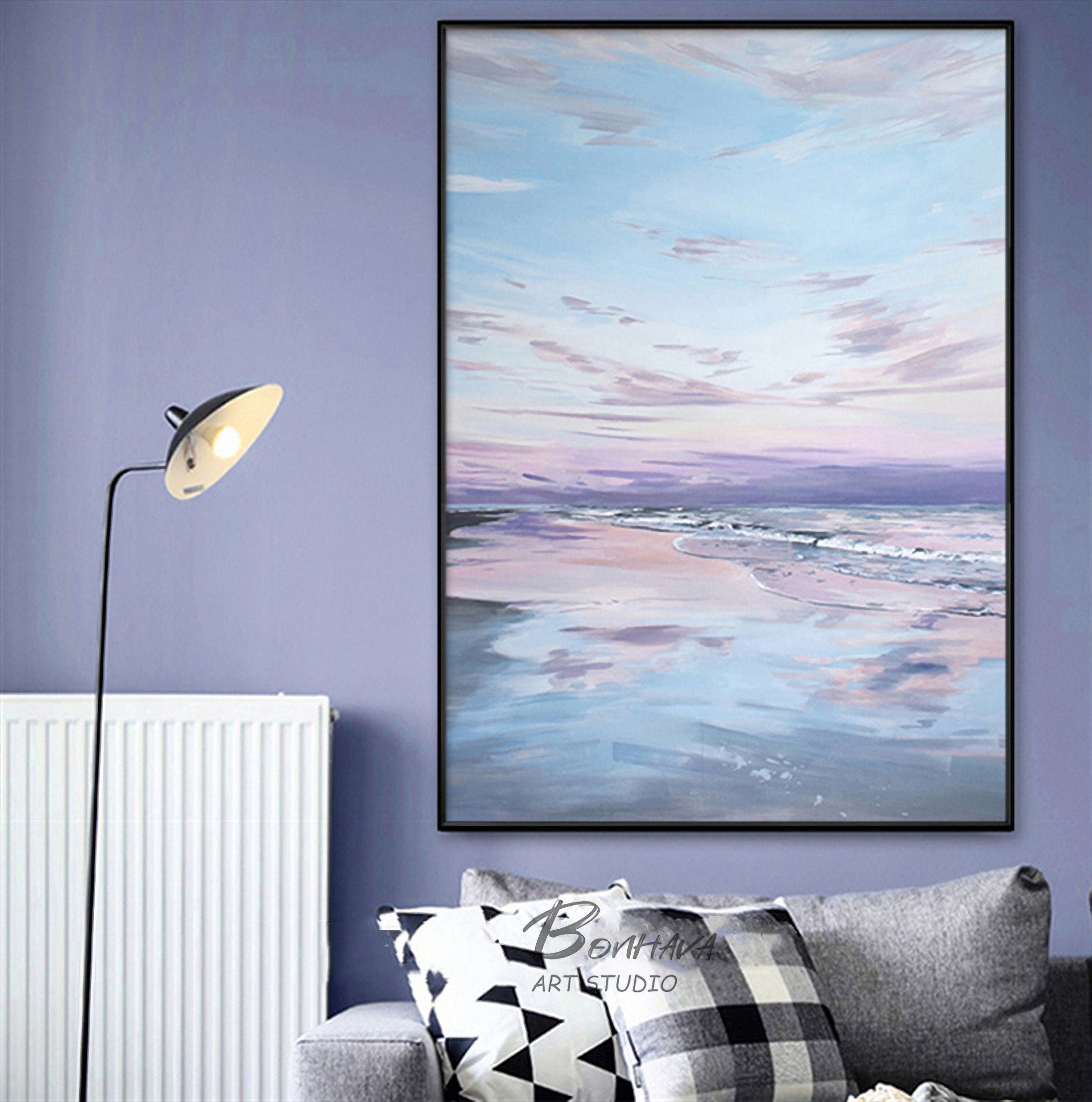 Clouds in The Sky Wall Art, Sea and Sky Oil Painting, Abstract Seascape Canvas Painting