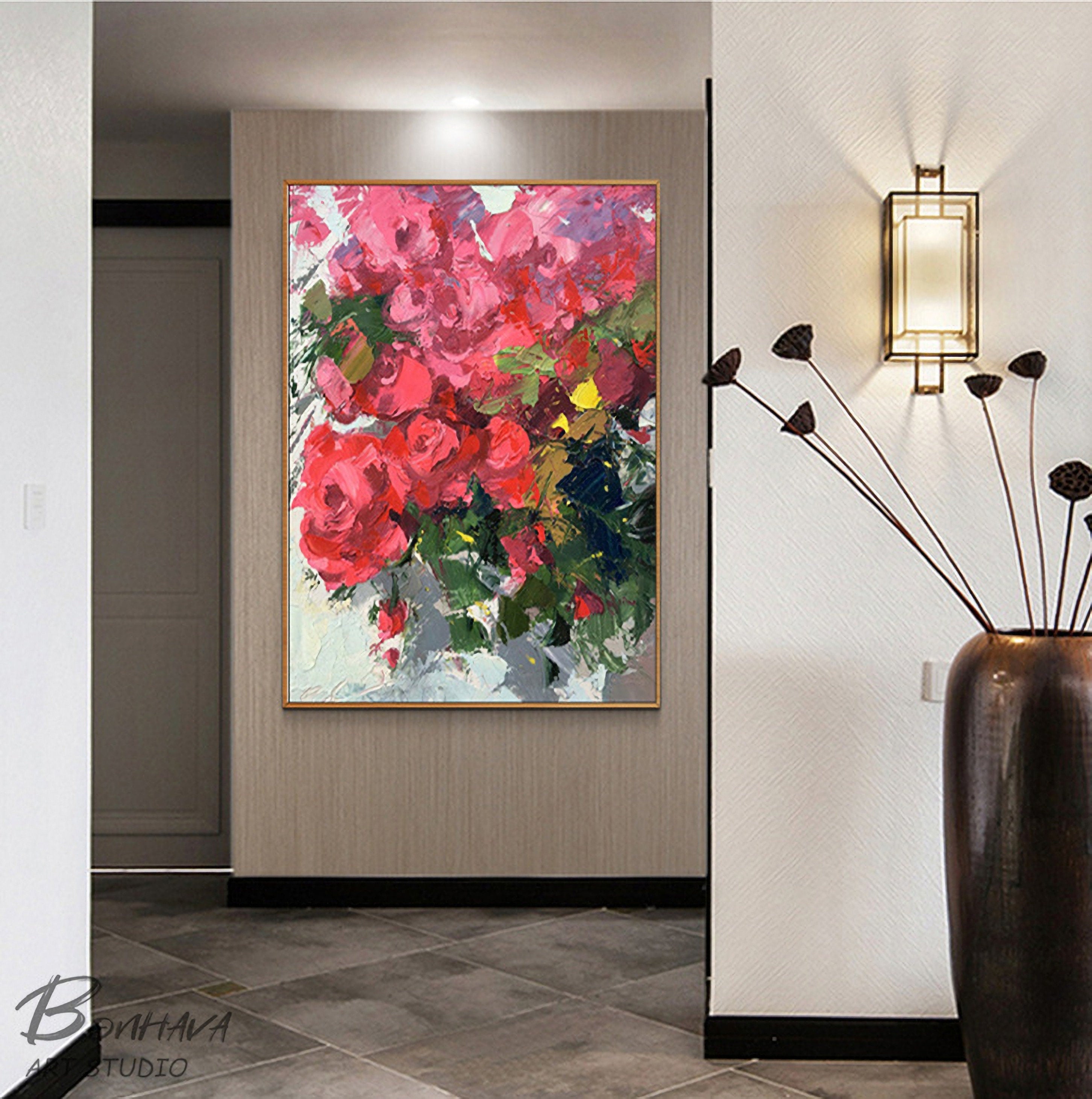 Abstract Rose Flower Canvas Painting, Hand Painted Textured Colorful Floral Artwork, Wall Art for Bedroom