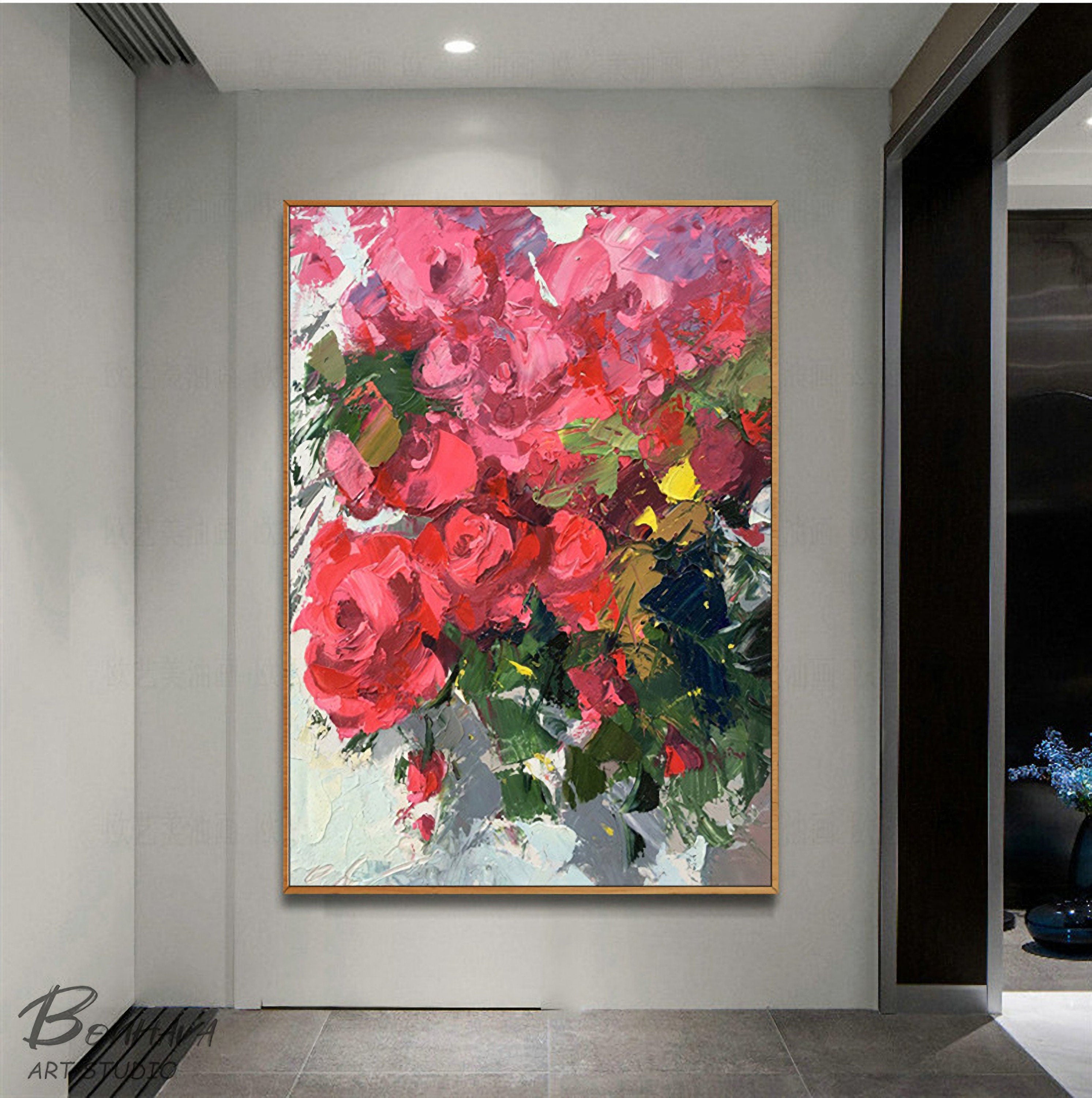 Abstract Rose Flower Canvas Painting, Hand Painted Textured Colorful Floral Artwork, Wall Art for Bedroom