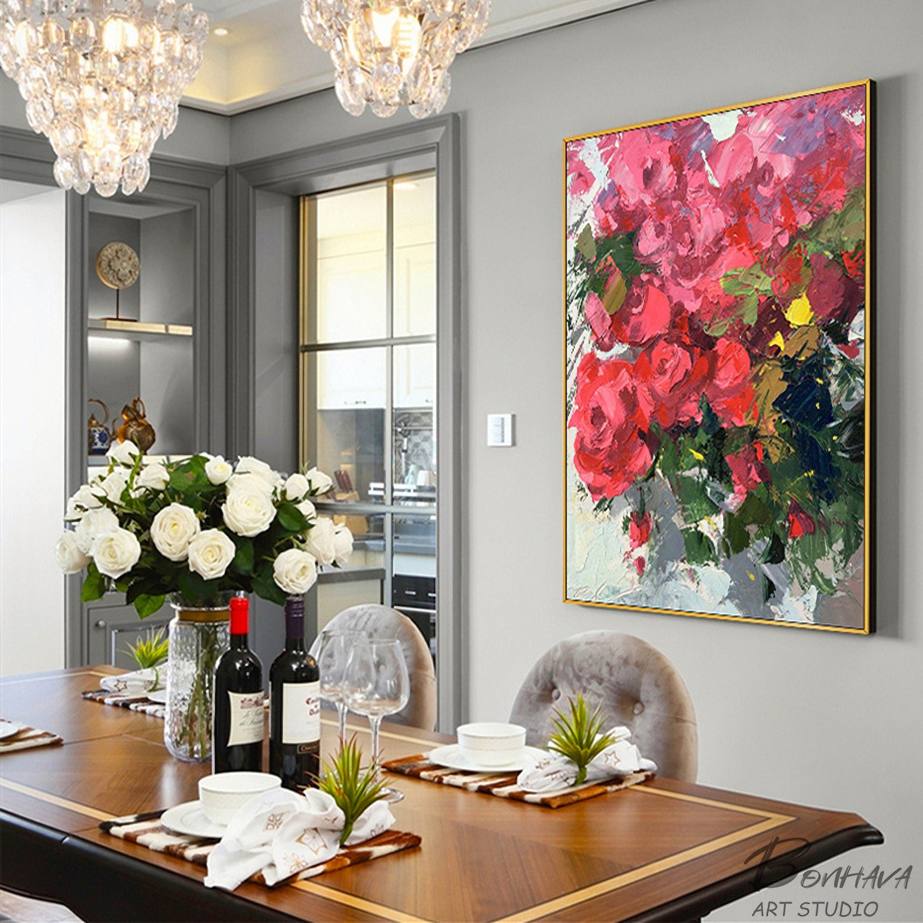 Abstract Rose Flower Canvas Painting, Hand Painted Textured Colorful Floral Artwork, Wall Art for Bedroom