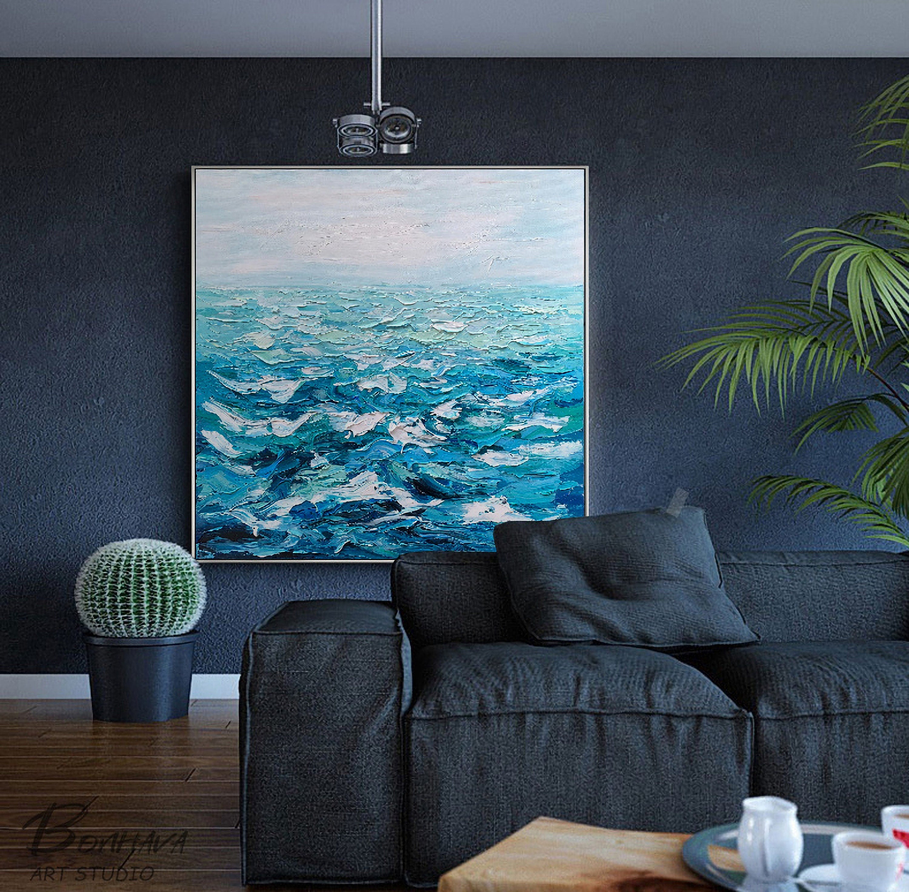Blue Wave Seascape Painting, Wall Art Decor, Abstract Canvas Painting, Abstract Seascape Oil Painting