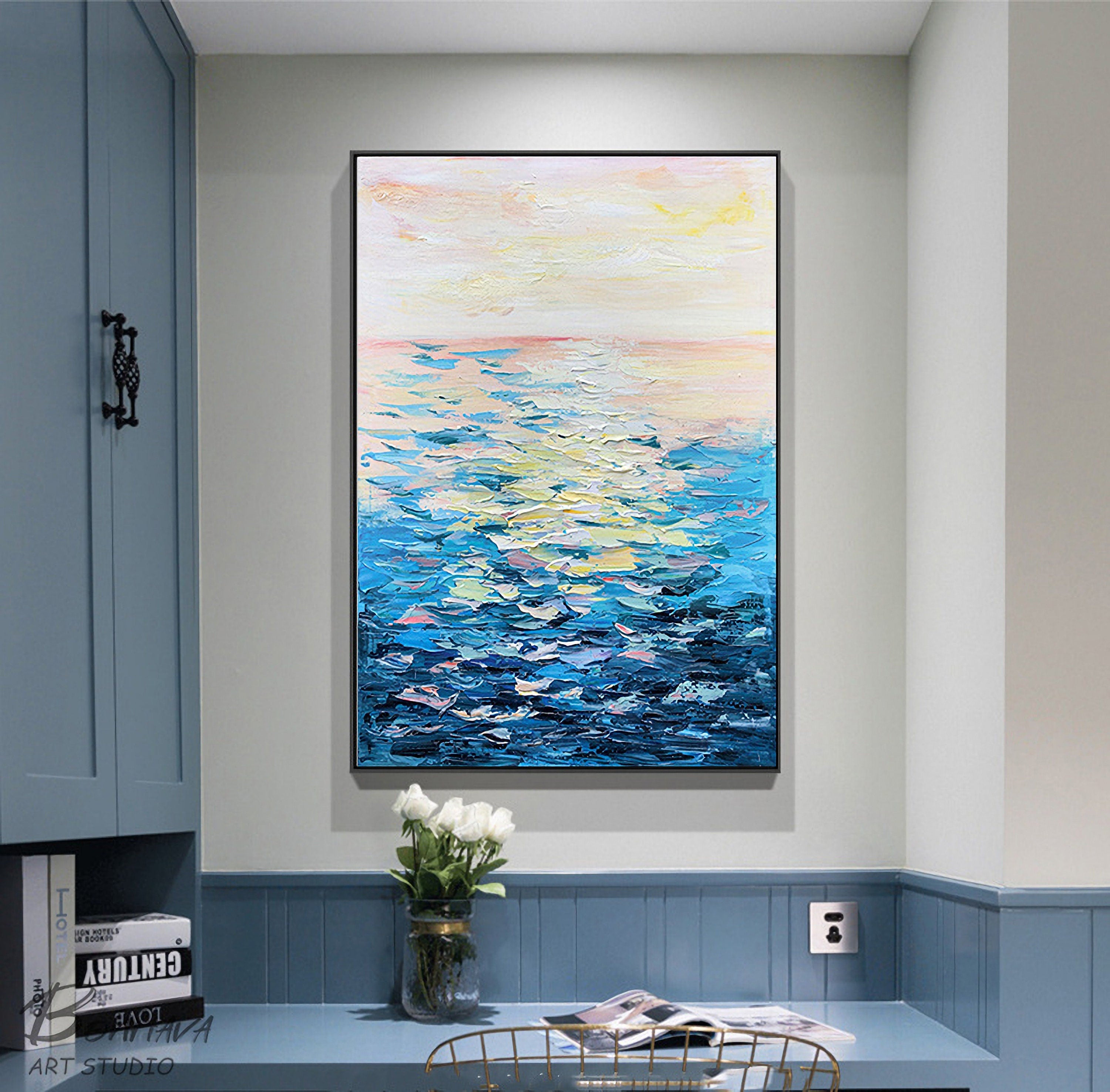 Seascape Abstract Oil Painting,Oil Painting on Canvas, Texture Blue Ocean Scenery Oil Painting, Hand-Painted Abstract Artwork